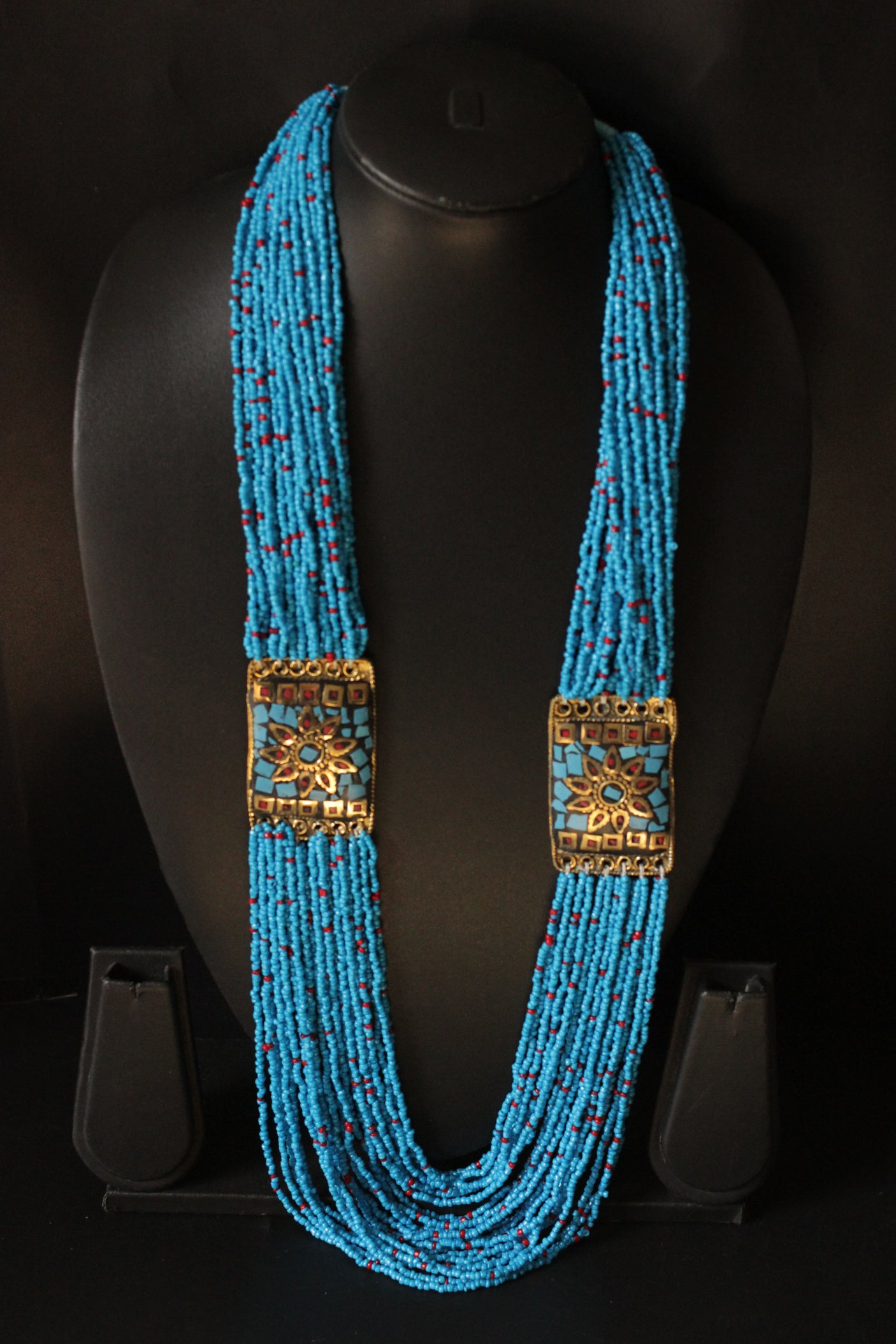 Sky Blue Beads Intertwined with Red Multi-Layer Beaded Tibetan Necklace