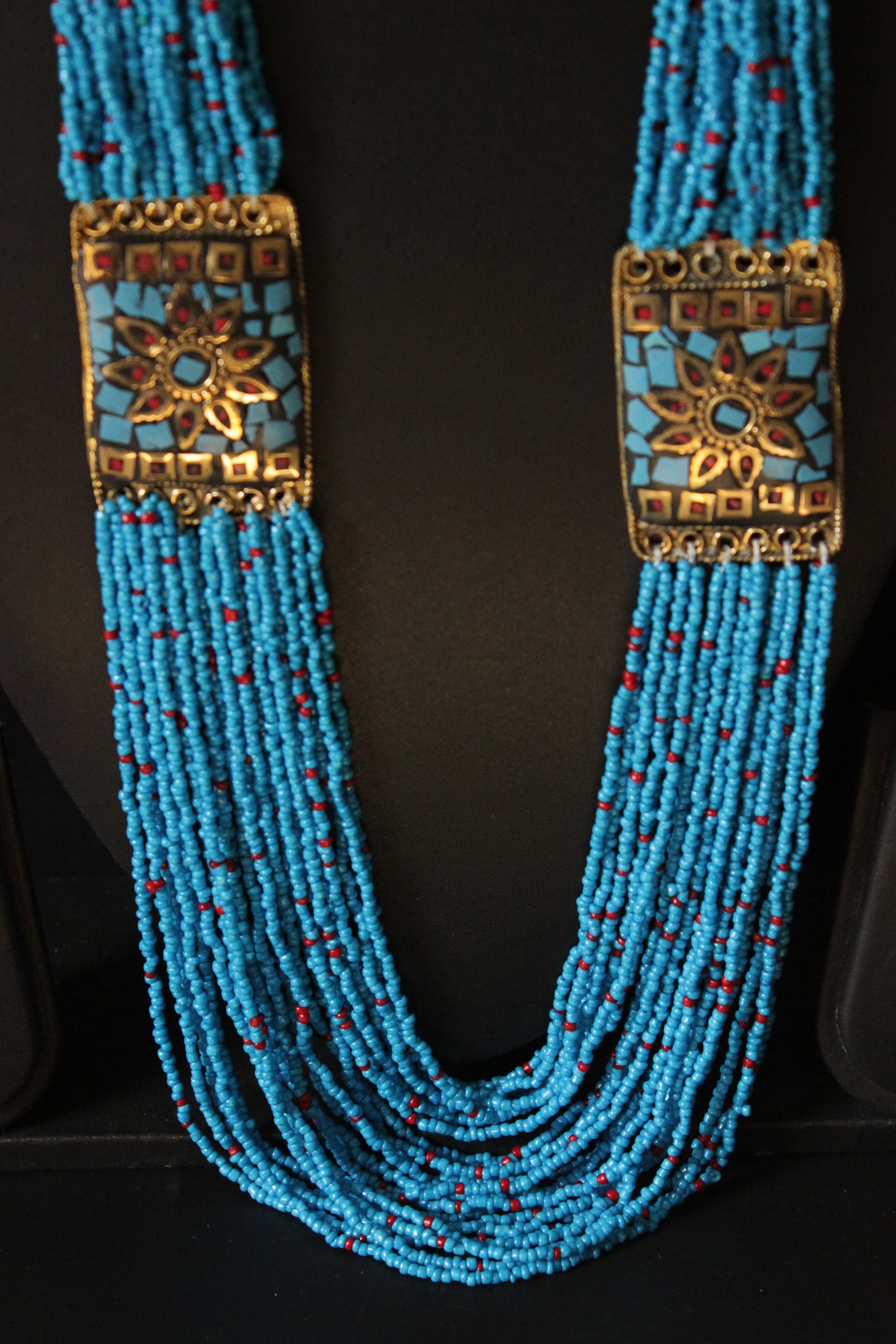 Sky Blue Beads Intertwined with Red Multi-Layer Beaded Tibetan Necklace