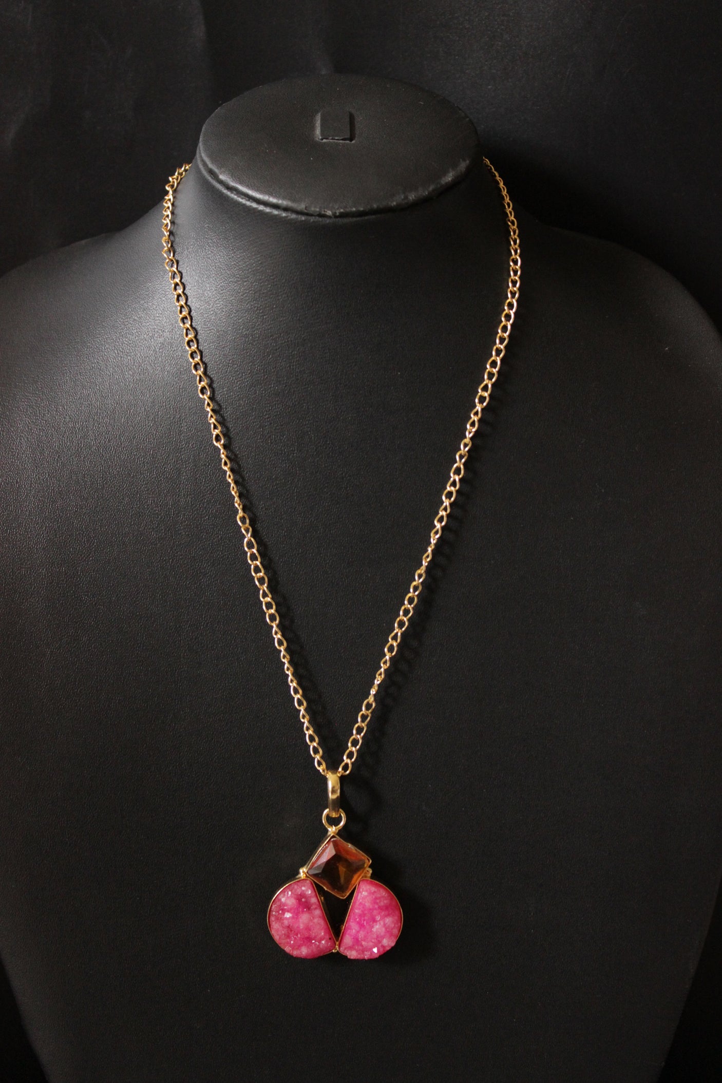 Pink Sugar Druzy Gemstone Handmade Gold Plated Pinwheel Necklace
