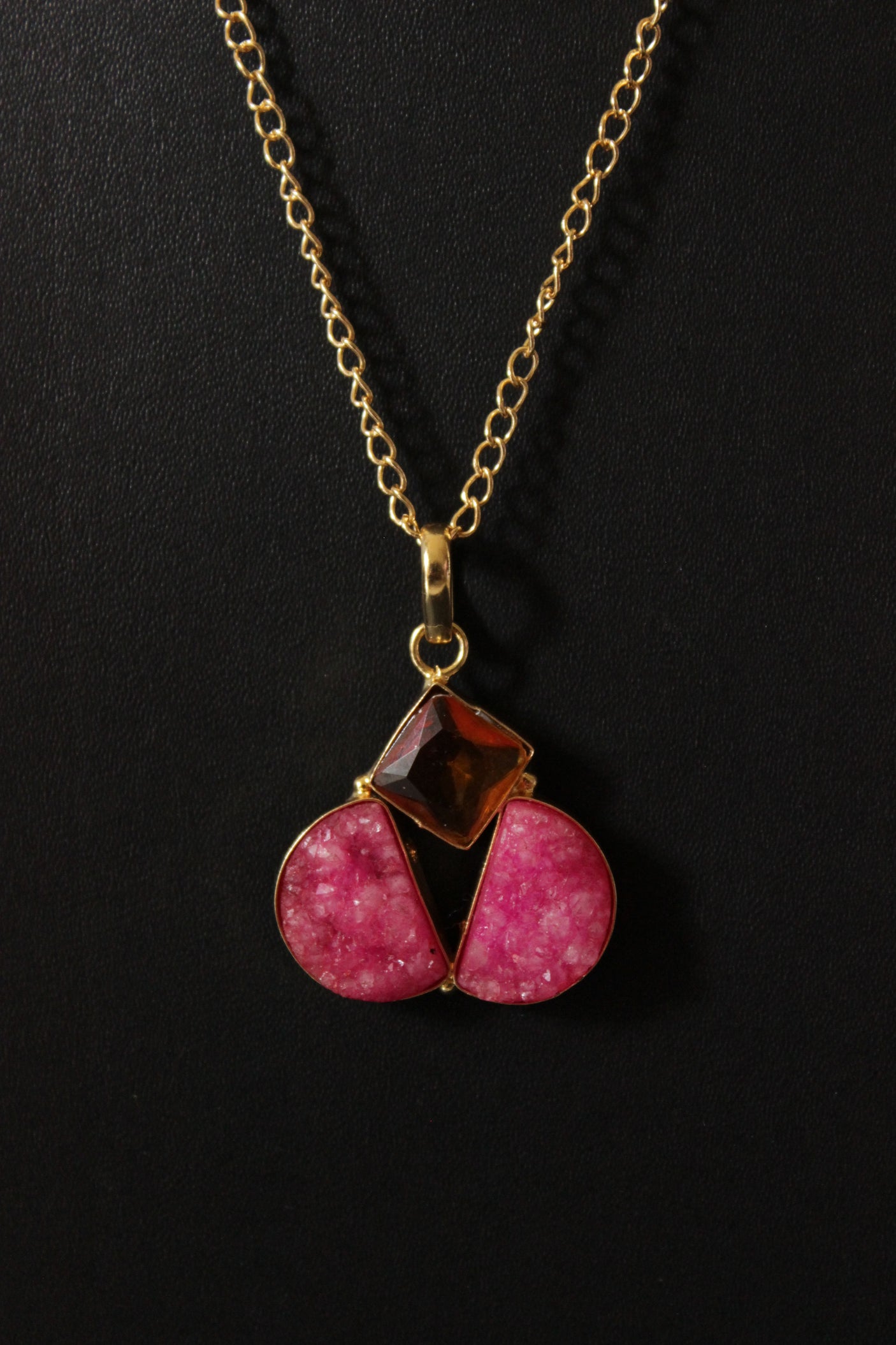 Pink Sugar Druzy Gemstone Handmade Gold Plated Pinwheel Necklace