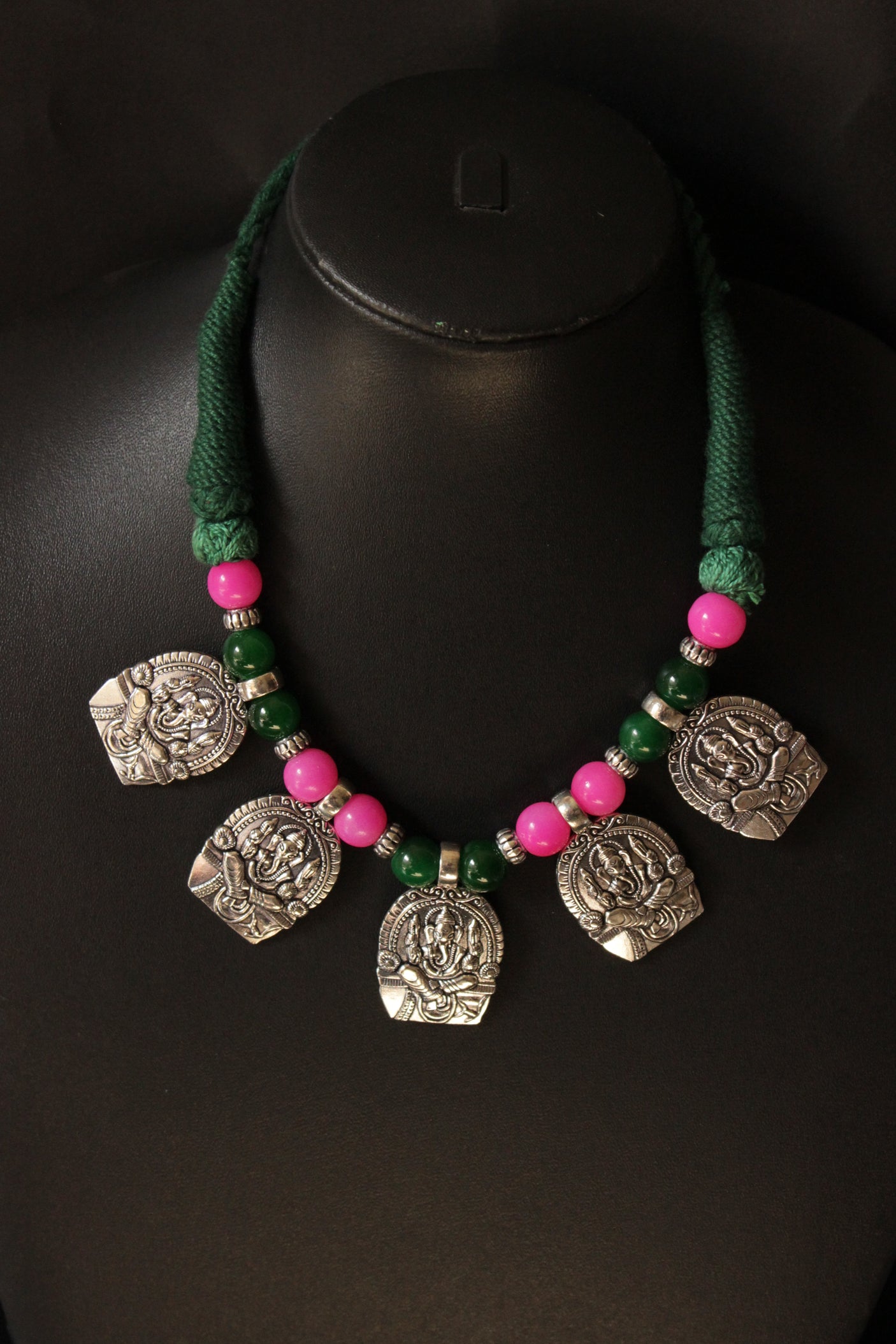 Hand Braided Pink & Green Acrylic Beads Intertwined with Elaborate Ganesha Motif Charms Necklace Set