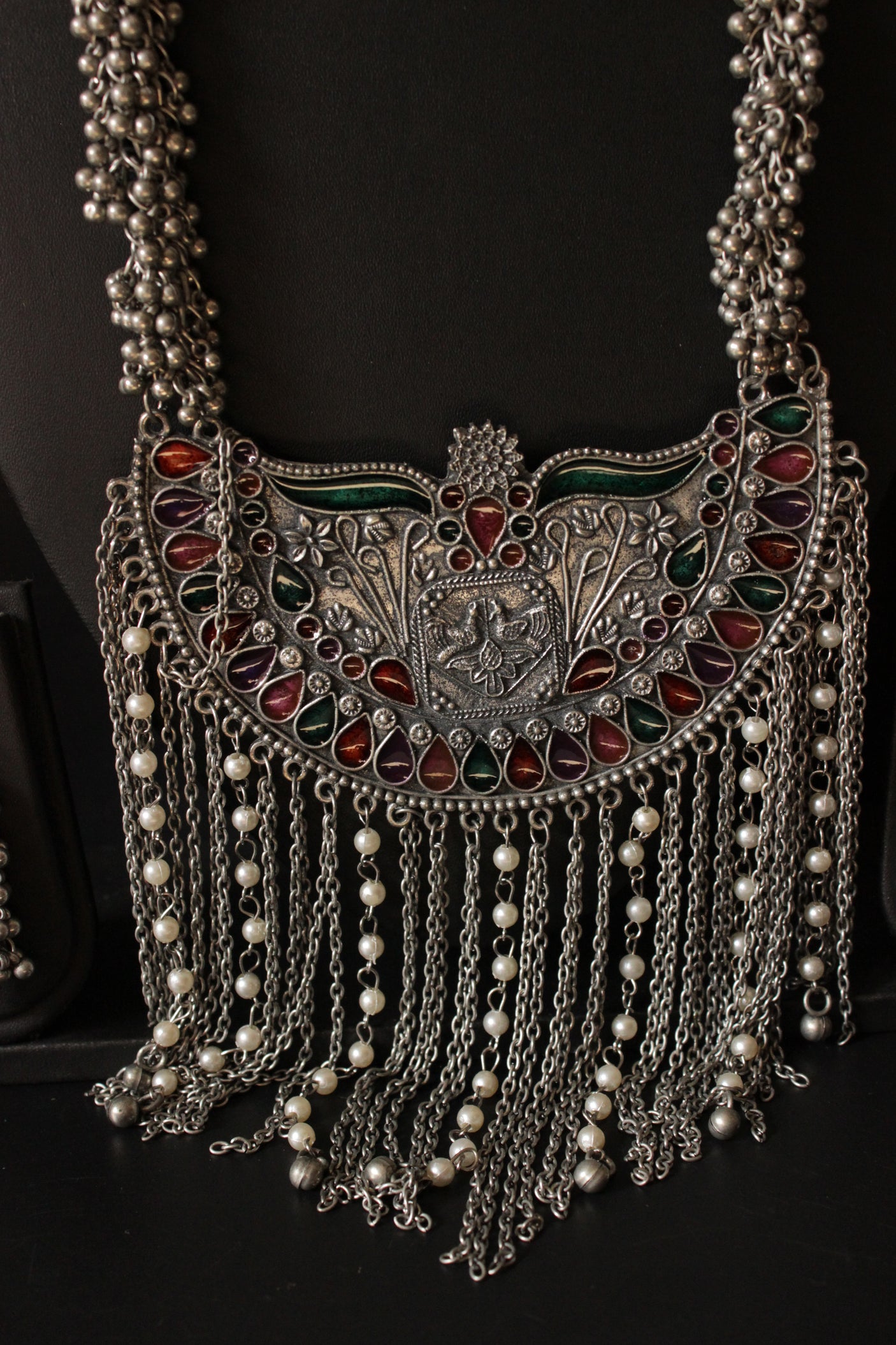 Elaborate Enamel Painted Oxidised Finish Afghani Necklace Set Accentuated with Ghungroo Beads