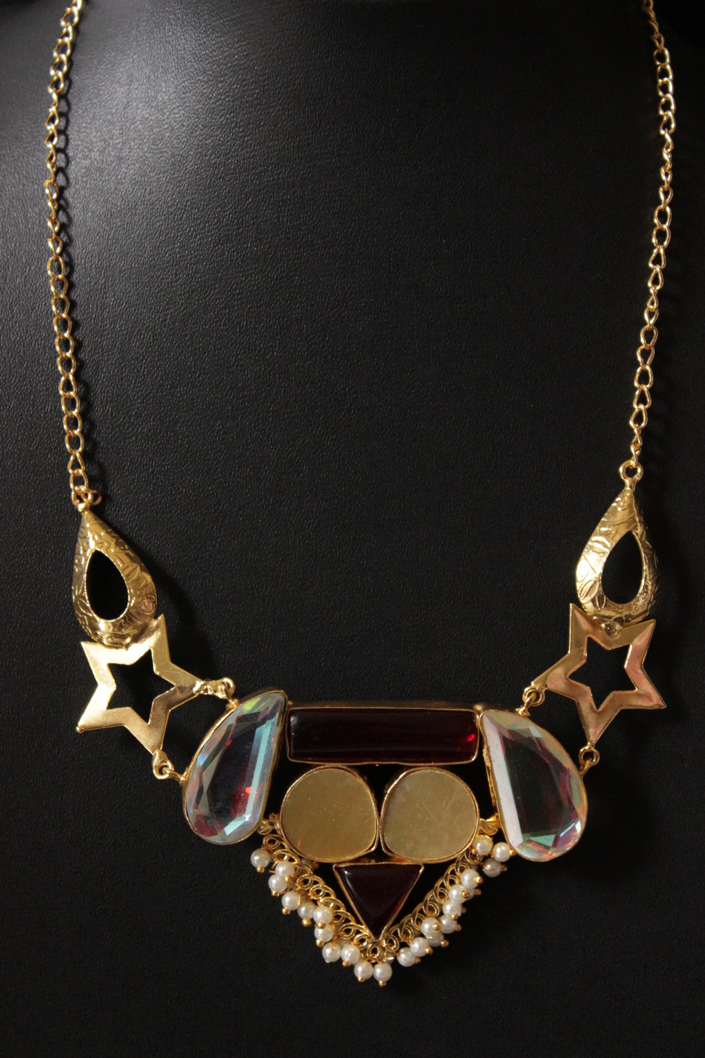 Multi-Color Gemstones Embedded Gold Plated Necklace