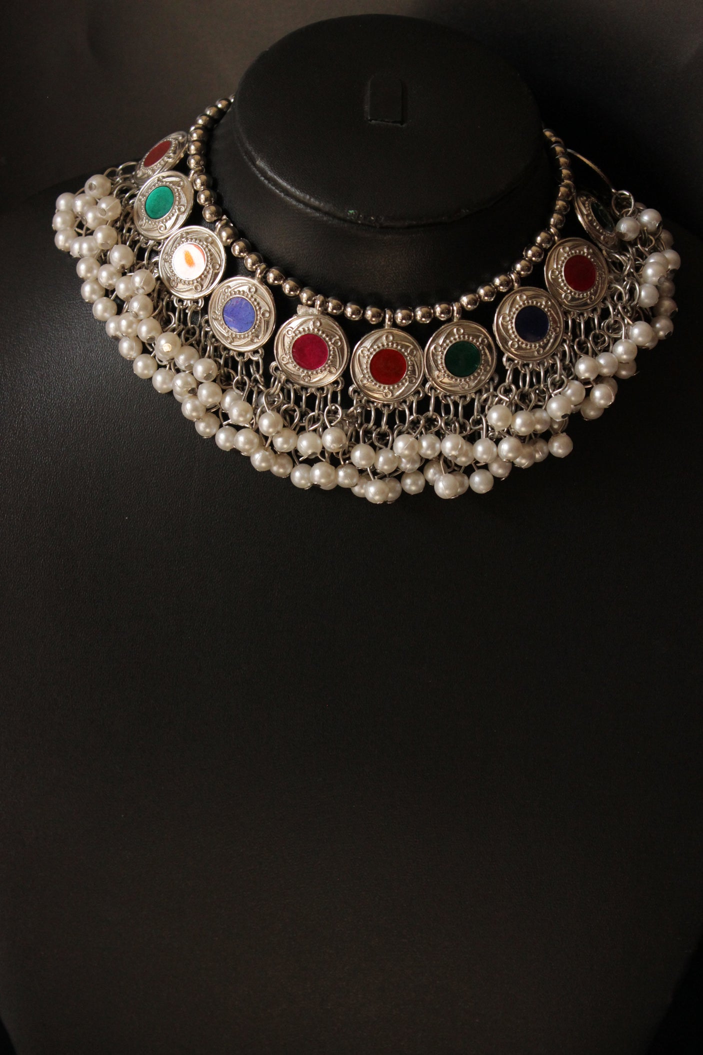 Stamped Coins Multi-Color Glass Embedded Adjustable Length Thread Closure Choker Necklace Set