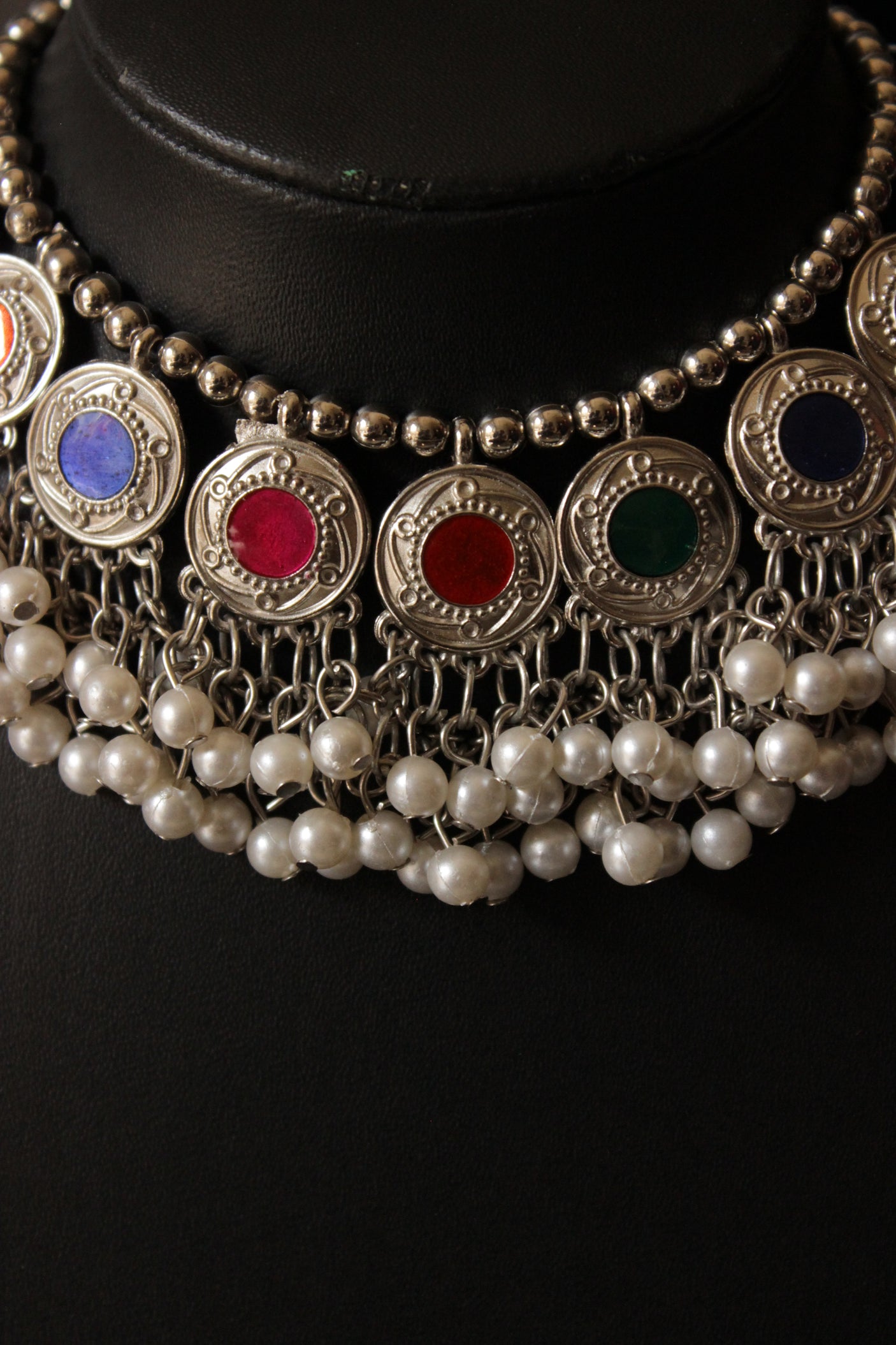 Stamped Coins Multi-Color Glass Embedded Adjustable Length Thread Closure Choker Necklace Set