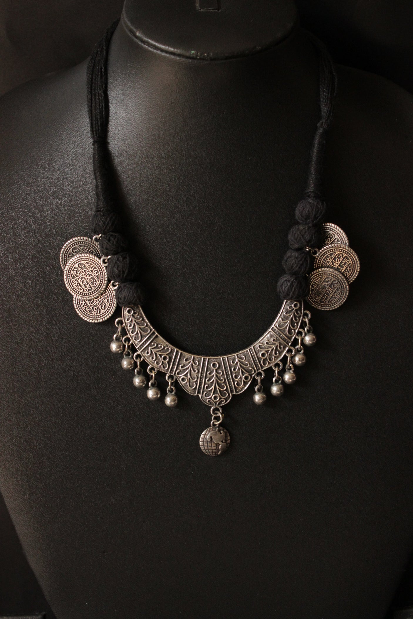 Hasli Style Elaborately Detailed Adjustable Thread Closure Premium Oxidised Finish Brass Necklace