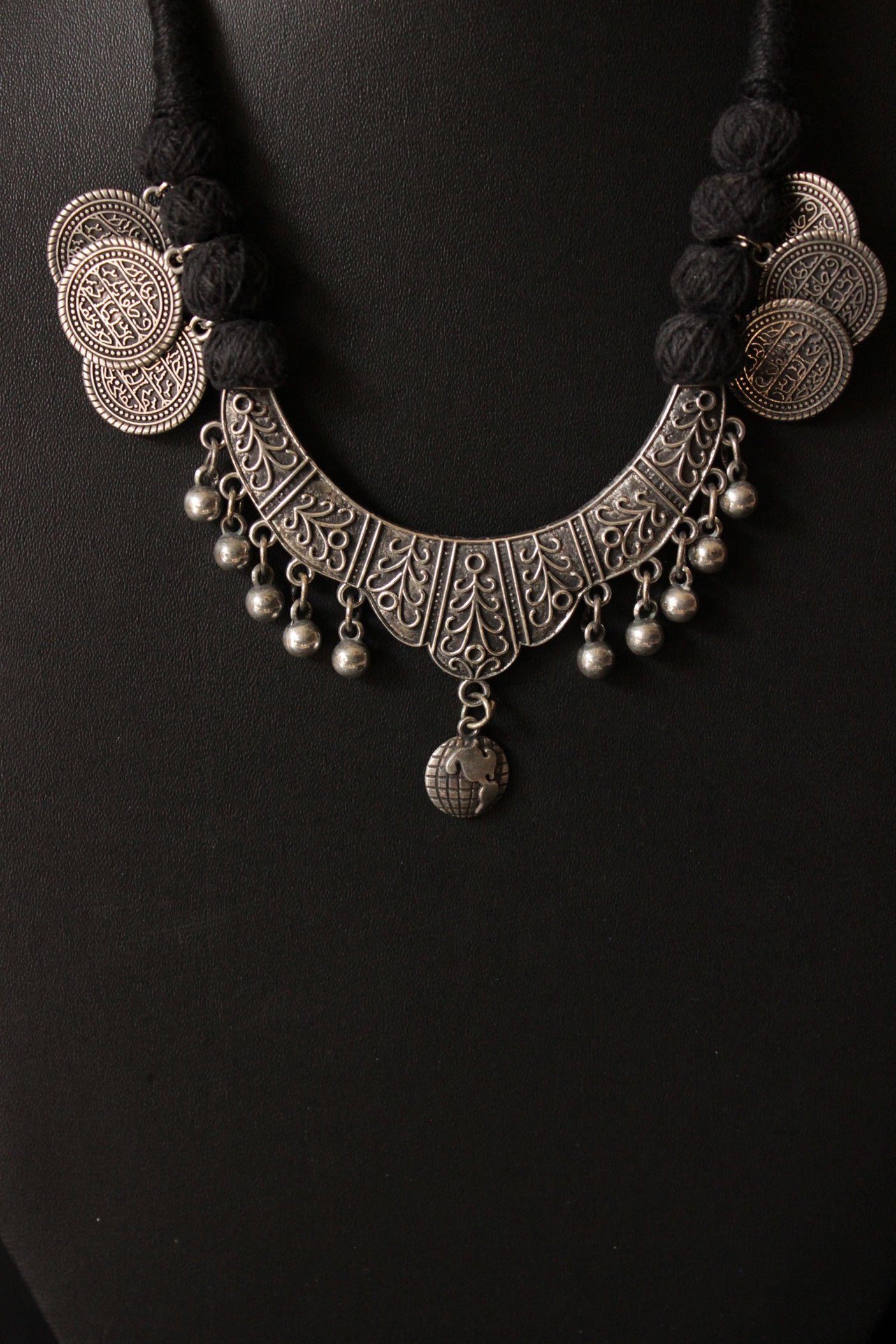 Hasli Style Elaborately Detailed Adjustable Thread Closure Premium Oxidised Finish Brass Necklace