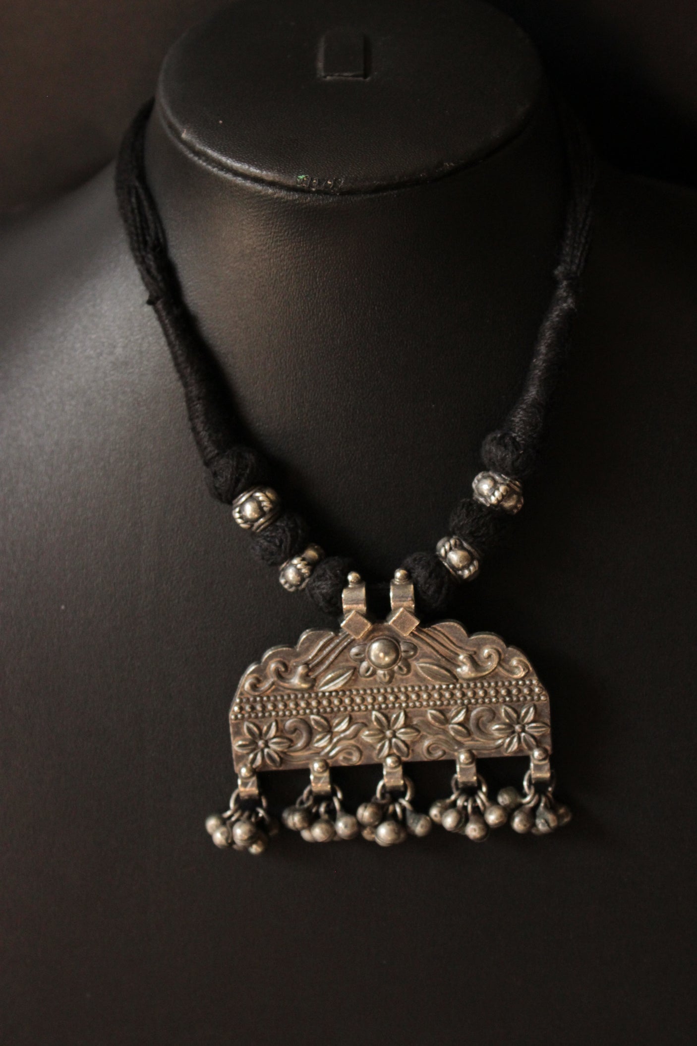 Flower Motifs Detailed Thread Closure Premium Oxidised Finish Brass Necklace