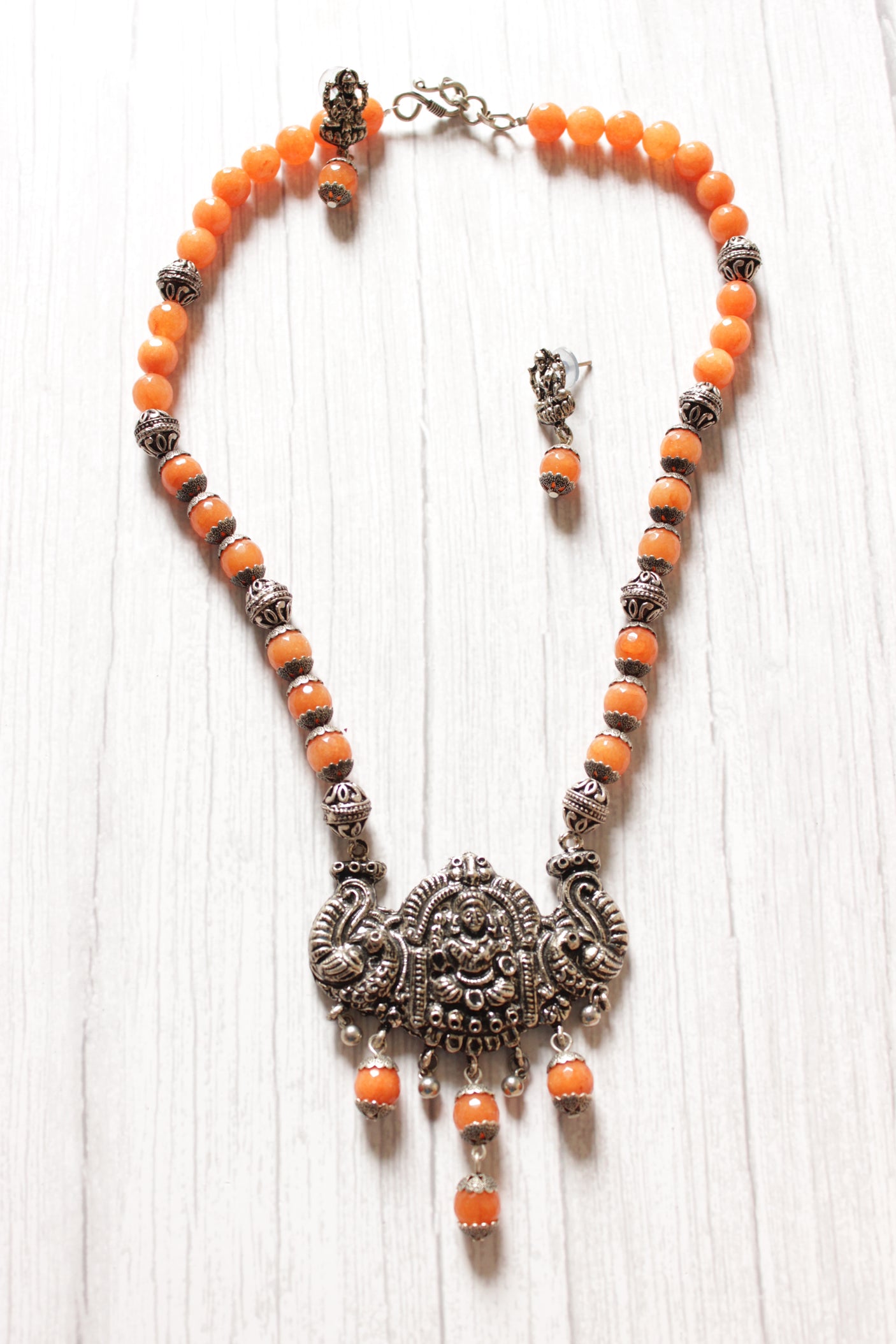 Orange Jade Beads Religious Motif Metal Pendant Necklace Set