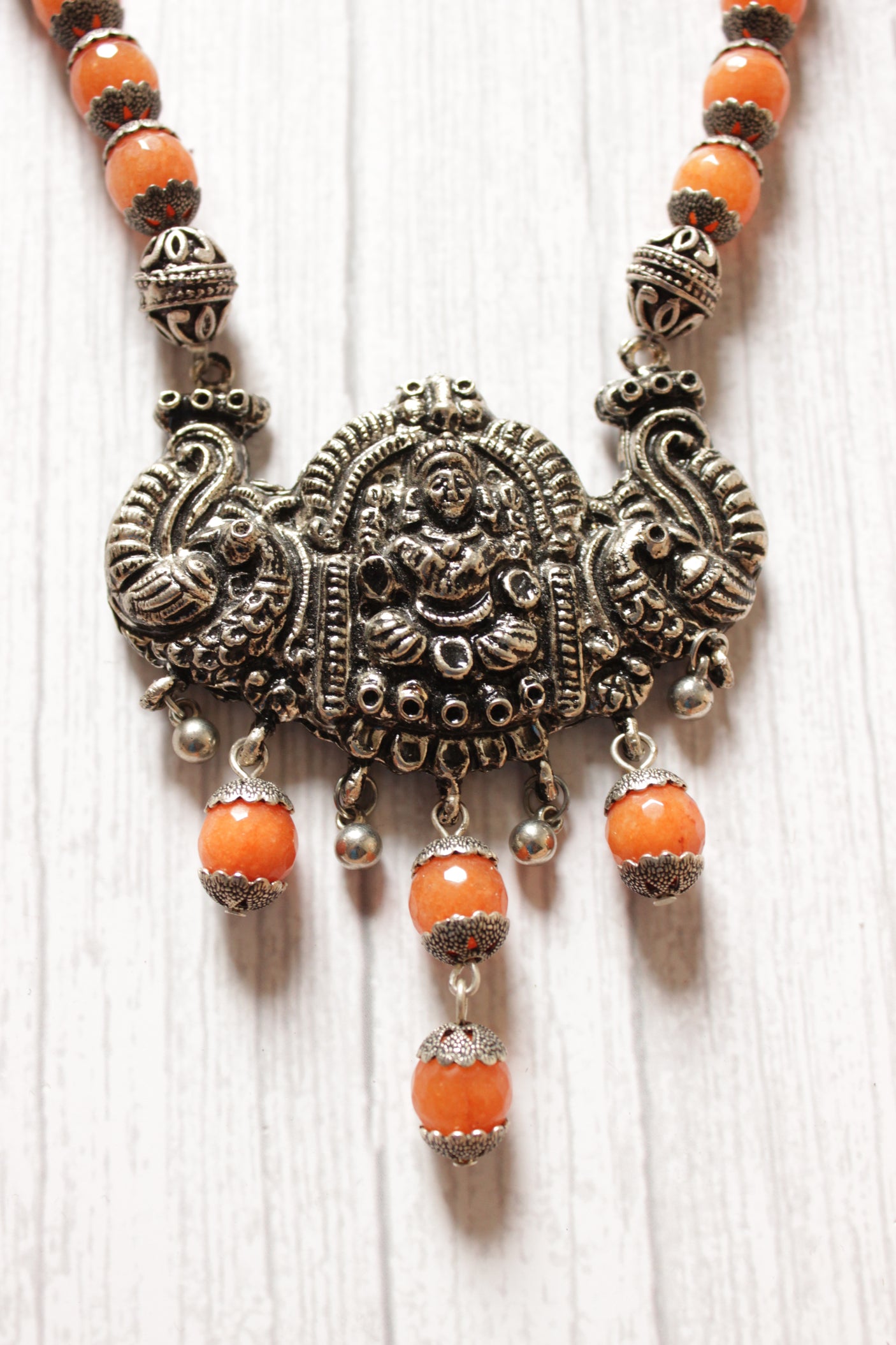 Orange Jade Beads Religious Motif Metal Pendant Necklace Set
