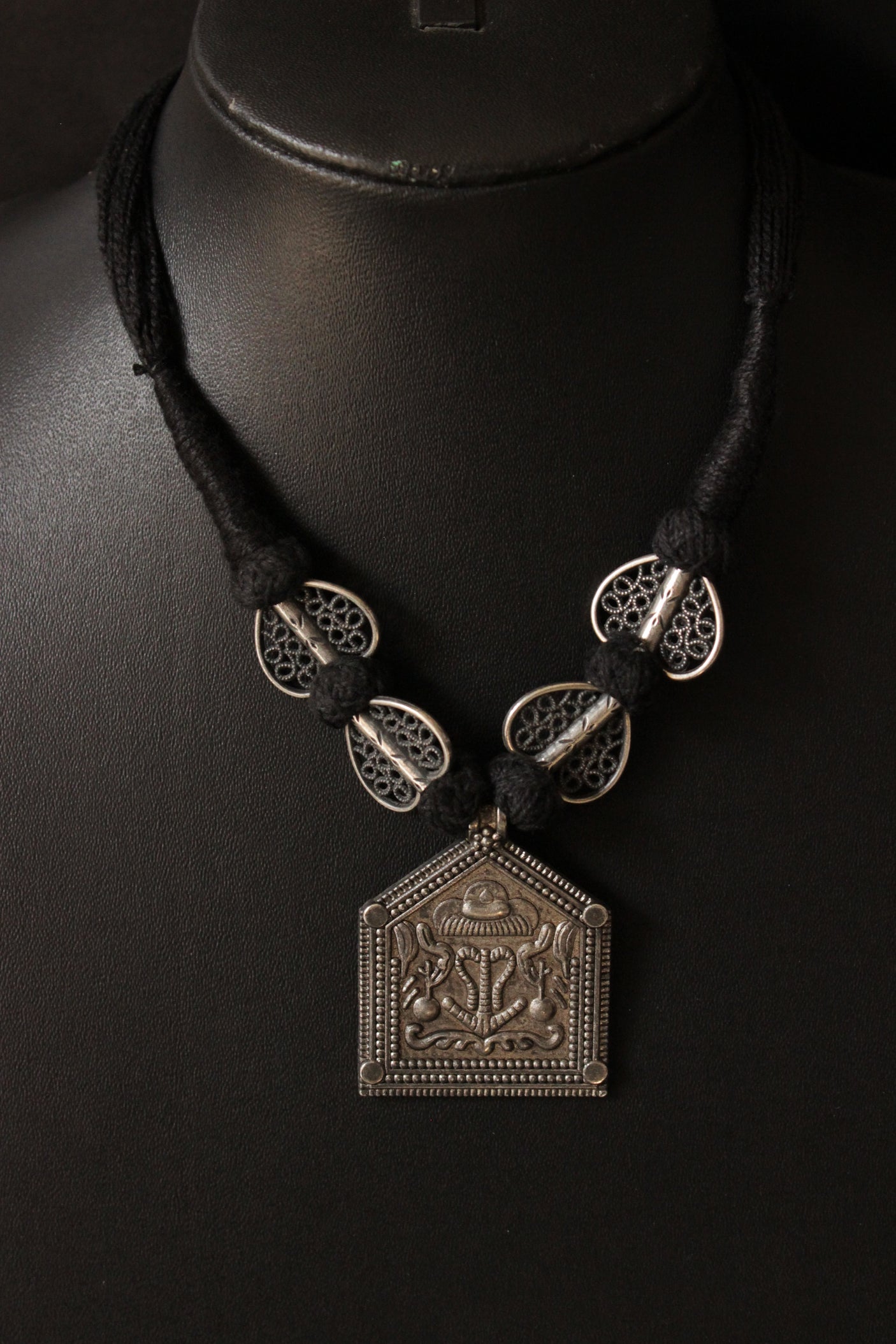 Abstract Motifs Elaborately Detailed Adjustable Thread Closure Premium Oxidised Finish Brass Necklace