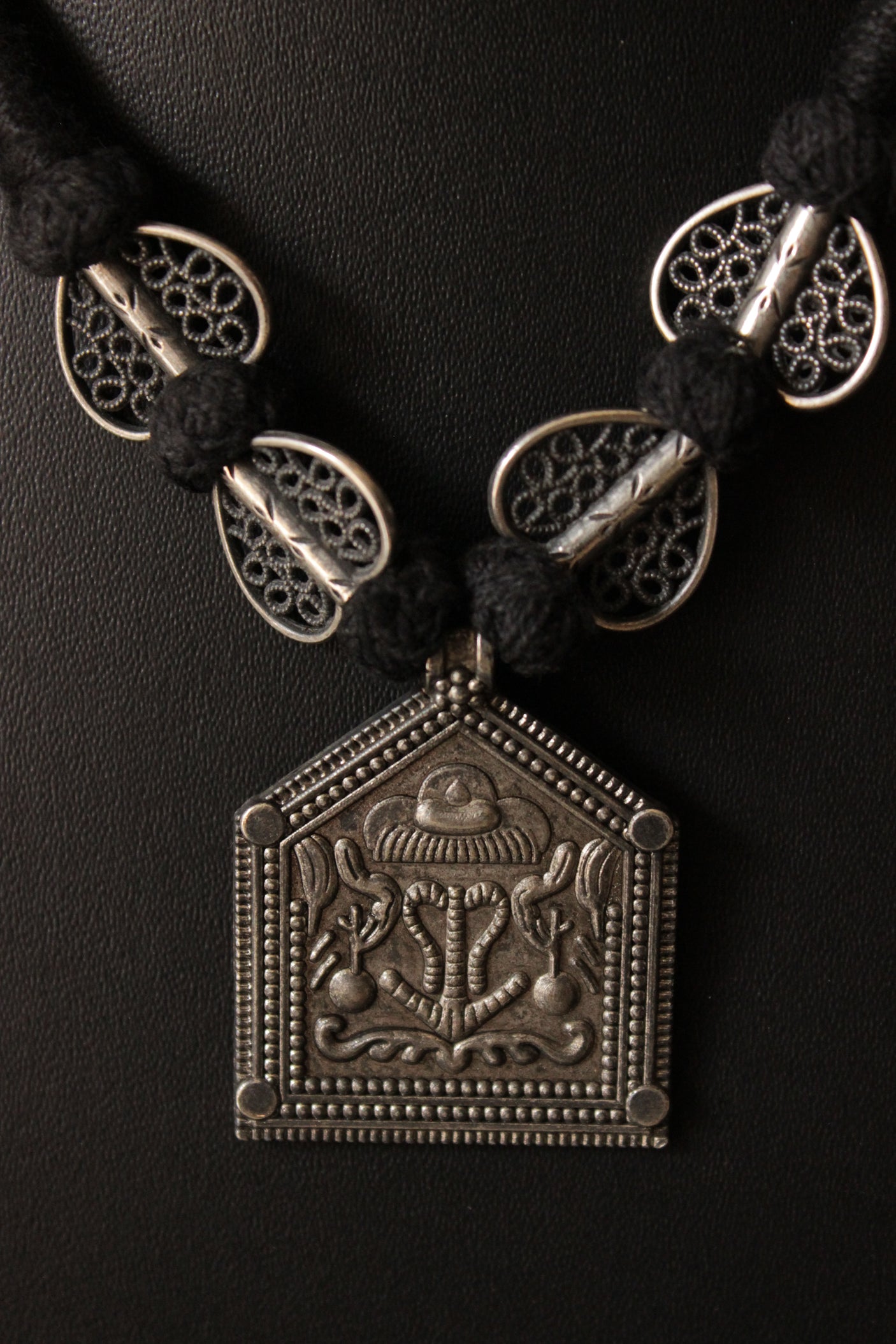 Abstract Motifs Elaborately Detailed Adjustable Thread Closure Premium Oxidised Finish Brass Necklace