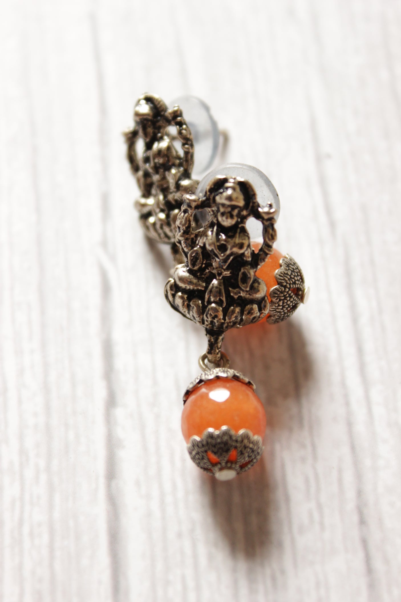 Orange Jade Beads Religious Motif Metal Pendant Necklace Set