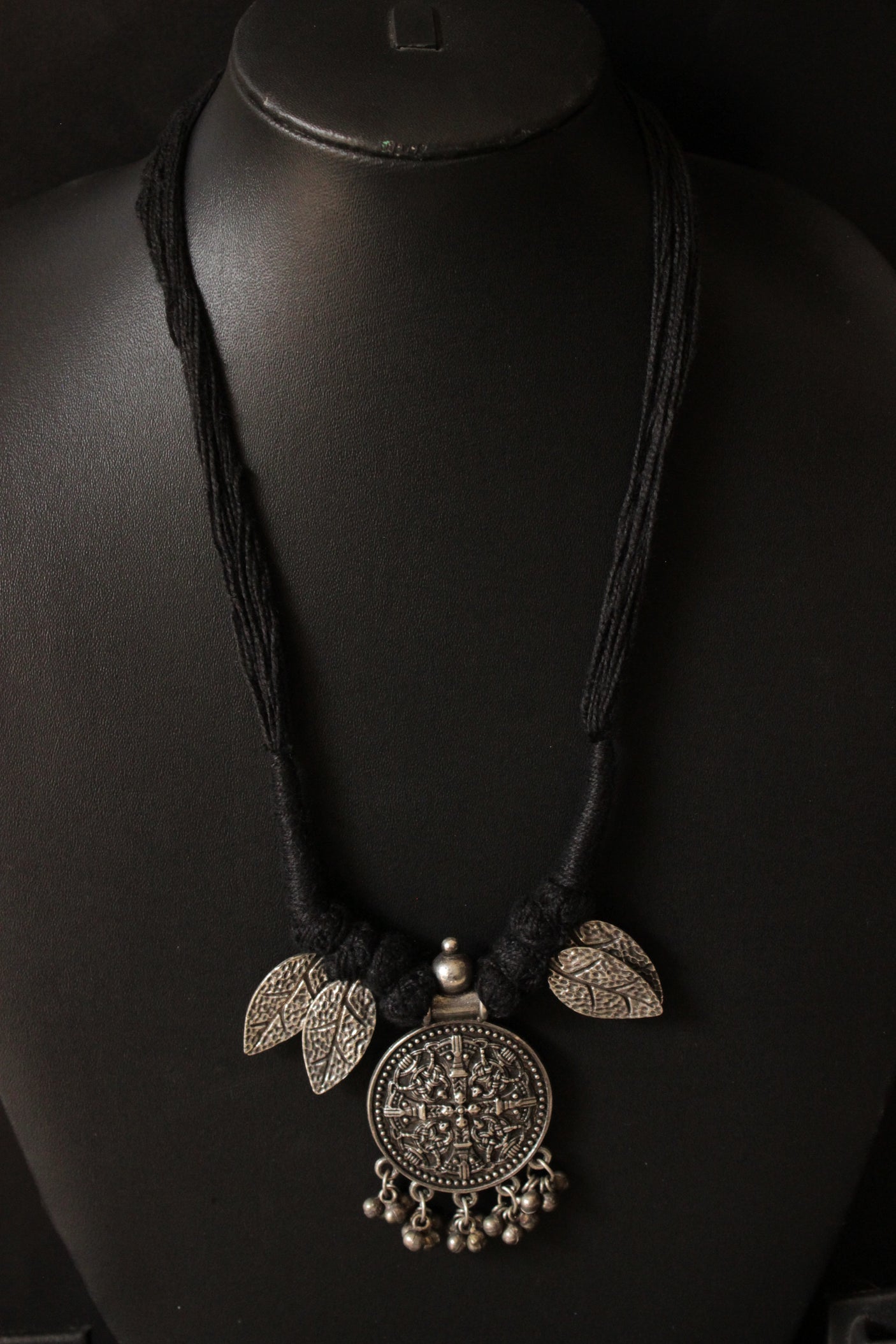 Intricately Detailed Circular Pendant Leaf Charms Thread Closure Premium Oxidised Finish Brass Necklace