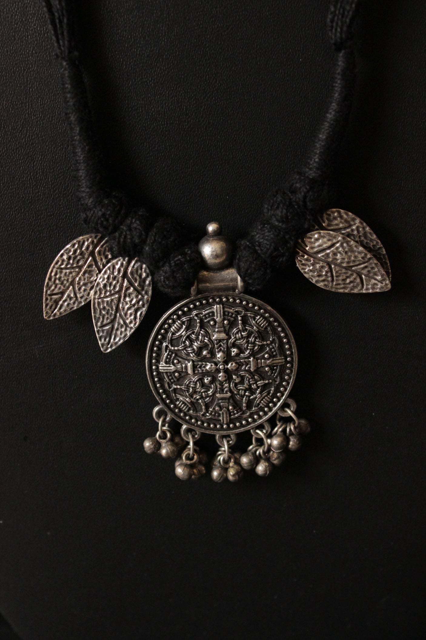 Intricately Detailed Circular Pendant Leaf Charms Thread Closure Premium Oxidised Finish Brass Necklace