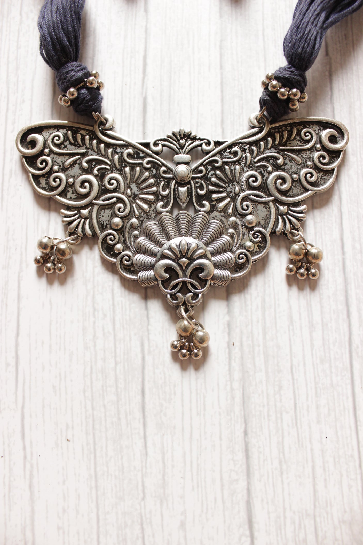 Intricately Detailed Butterfly Pendant Thread Closure Necklace Set