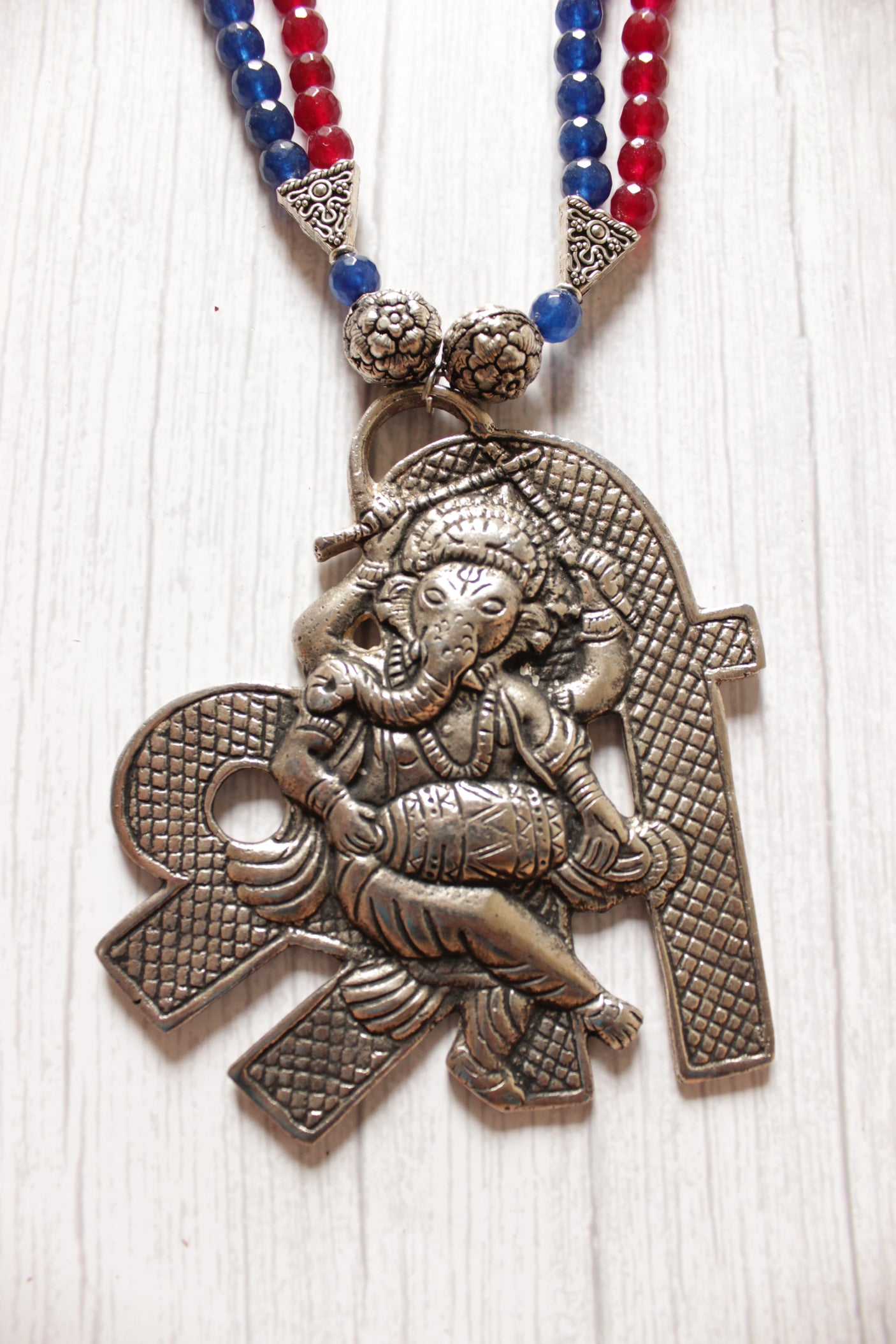 Statement Ganesha Pendant Red and Blue Jade Beads Necklace