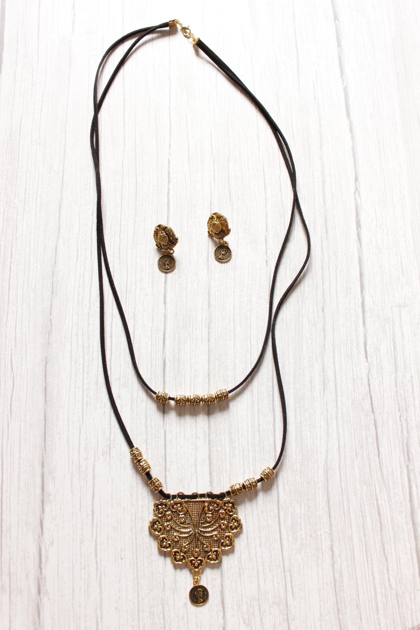 2 Layer Antique Gold Finish Rope Closure Necklace Set