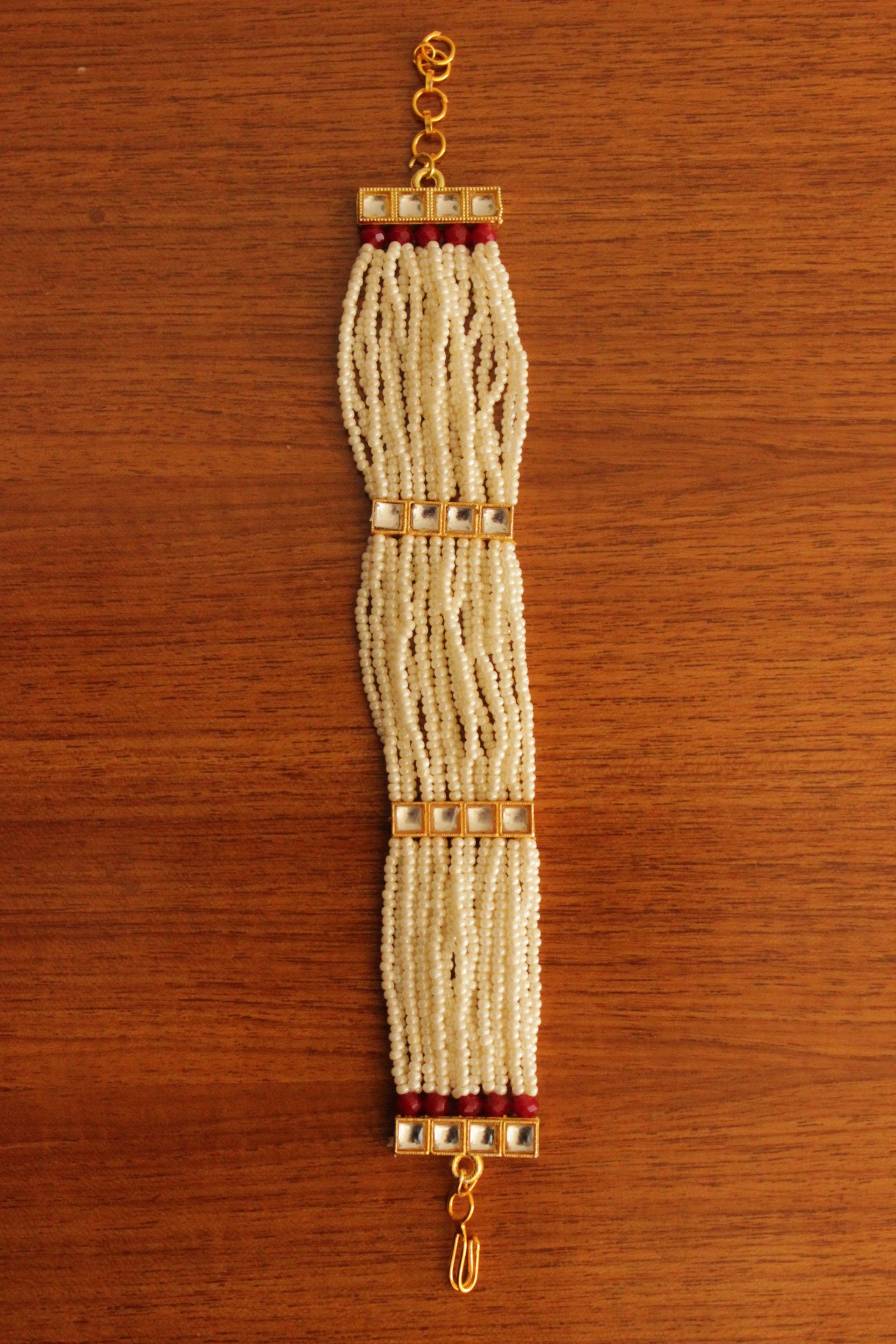 White and Red Beads Handmade Multiple Strings Gold Toned Bracelet