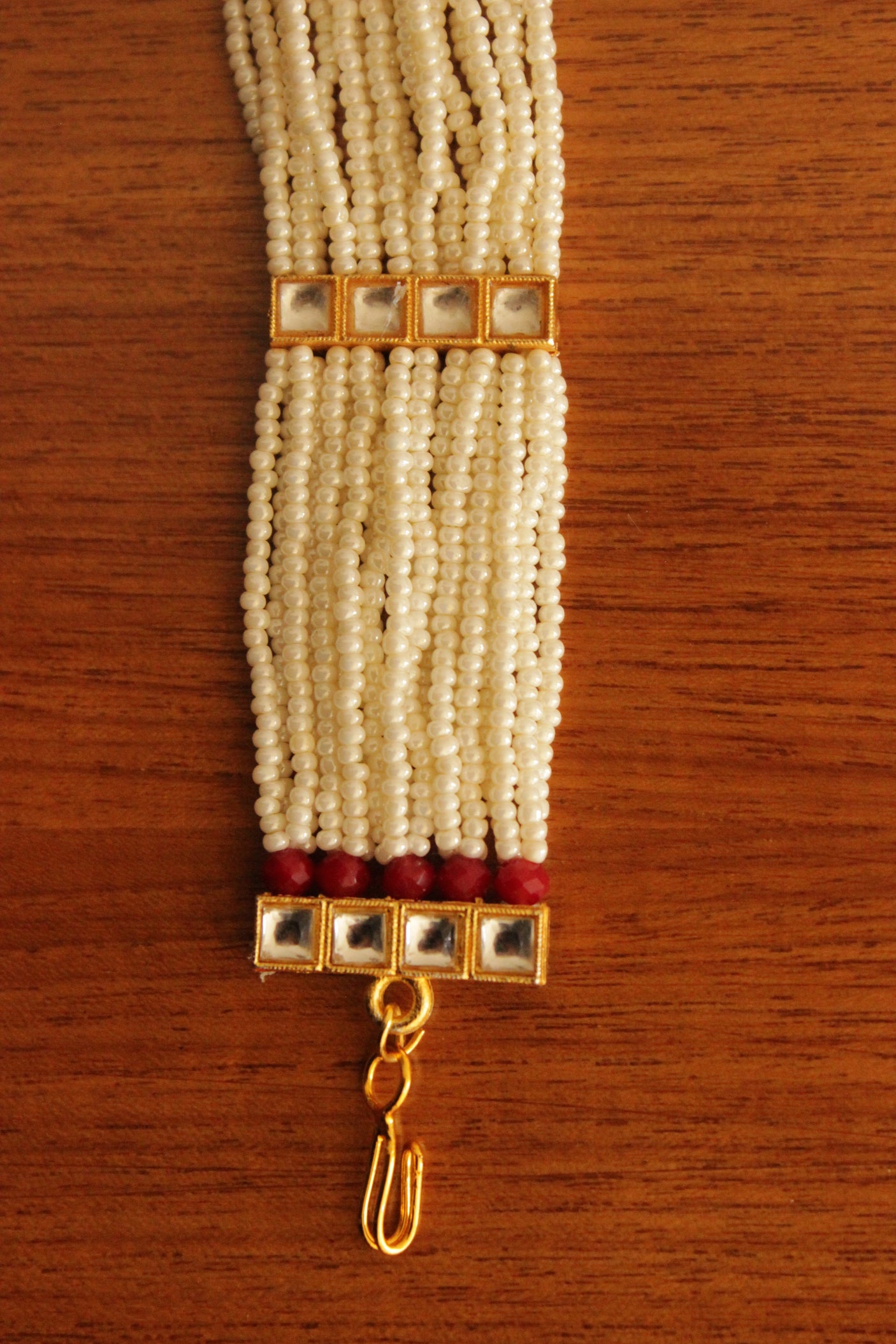White and Red Beads Handmade Multiple Strings Gold Toned Bracelet