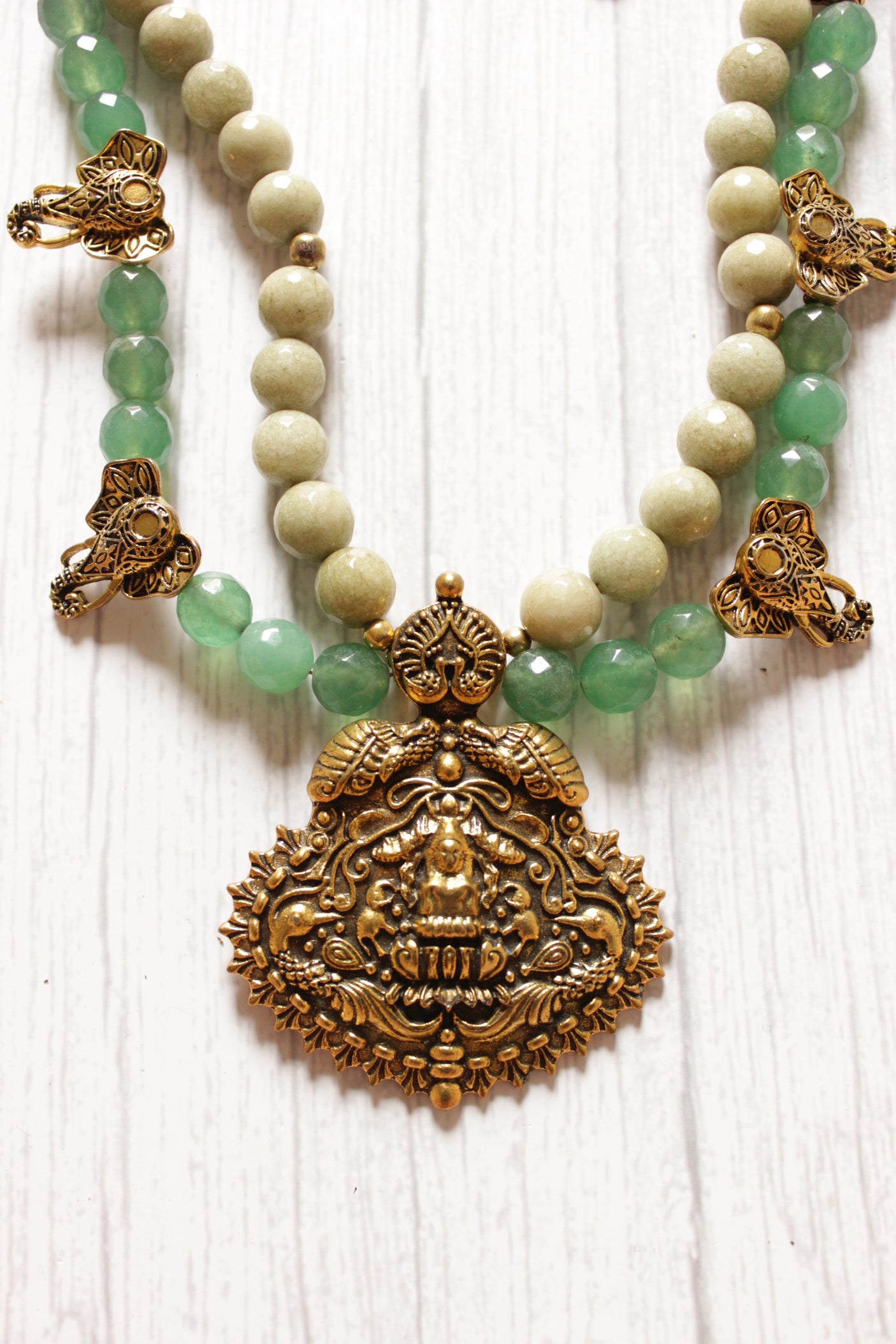 Ivory and Green Jade Beads Antique Gold Finish Metal Pendant Necklace Set