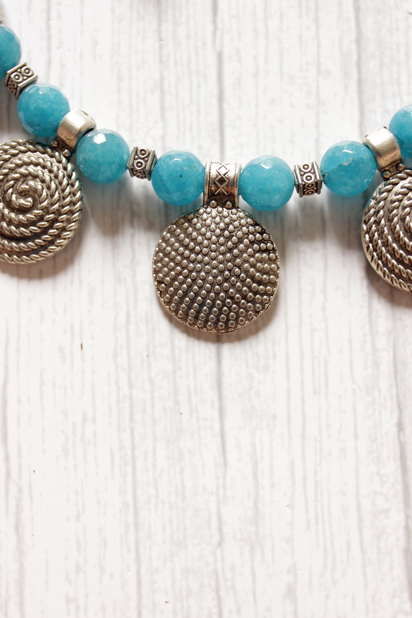 Turquoise Jade Beads Spiral Metal Charms Necklace Set