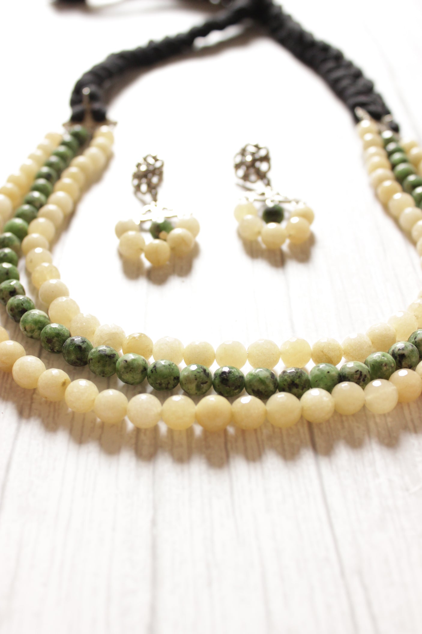 3 Layer Ivory and Sea Green Jade Beads Necklace Set