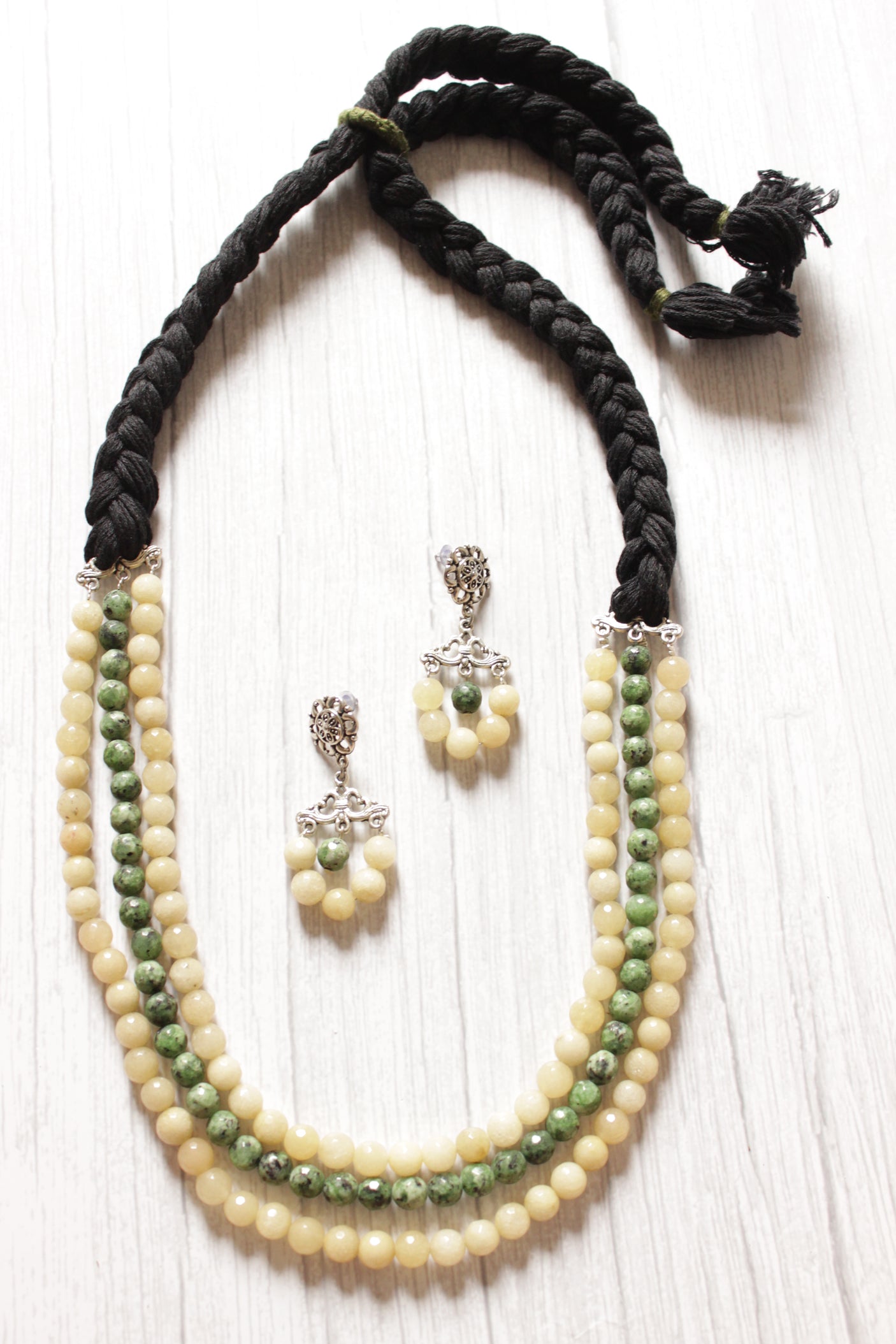 3 Layer Ivory and Sea Green Jade Beads Necklace Set