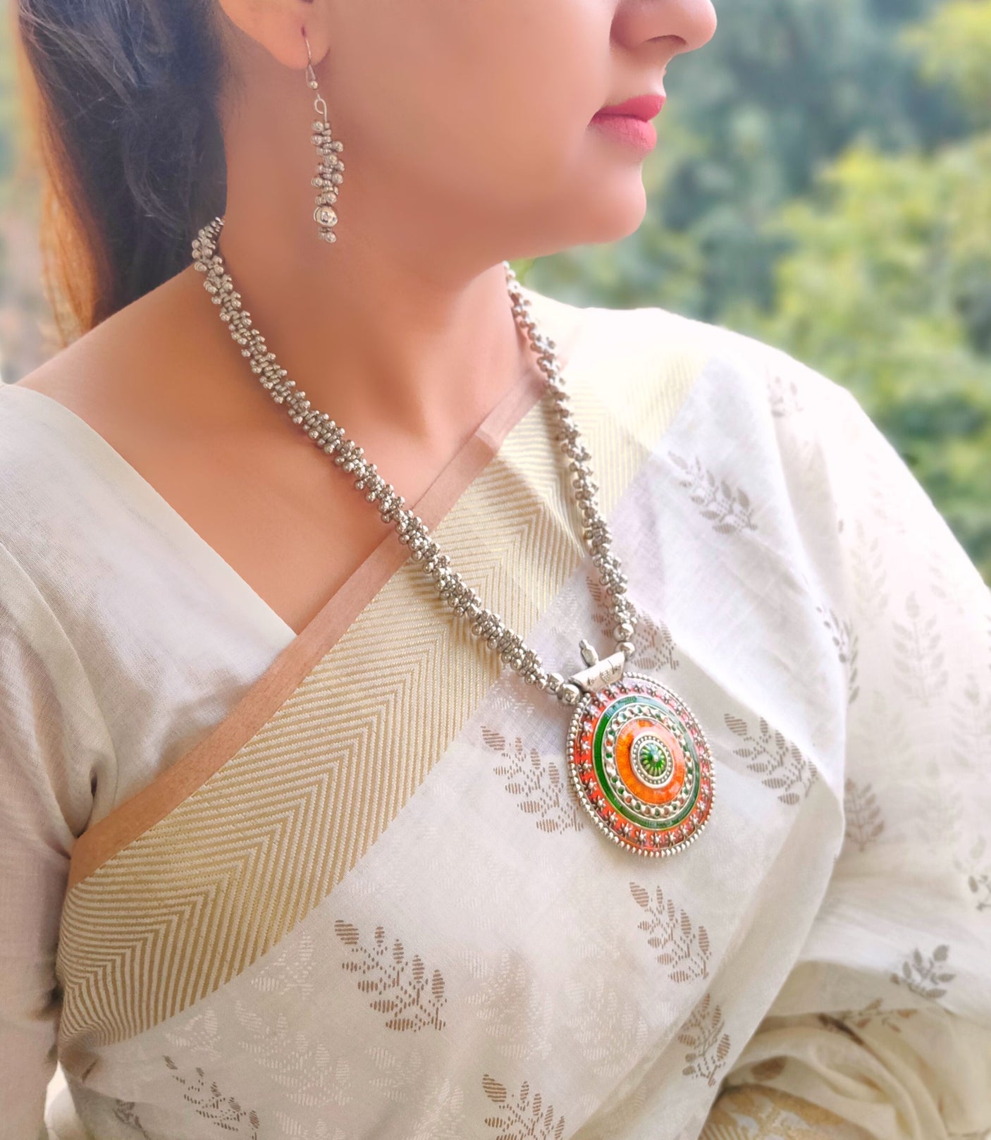 Oxidised Silver Handpainted Necklace Set