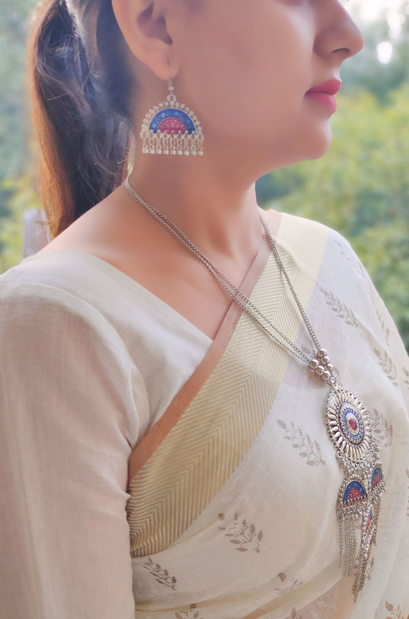 Oxidised Silver Handpainted Chakra Necklace Set