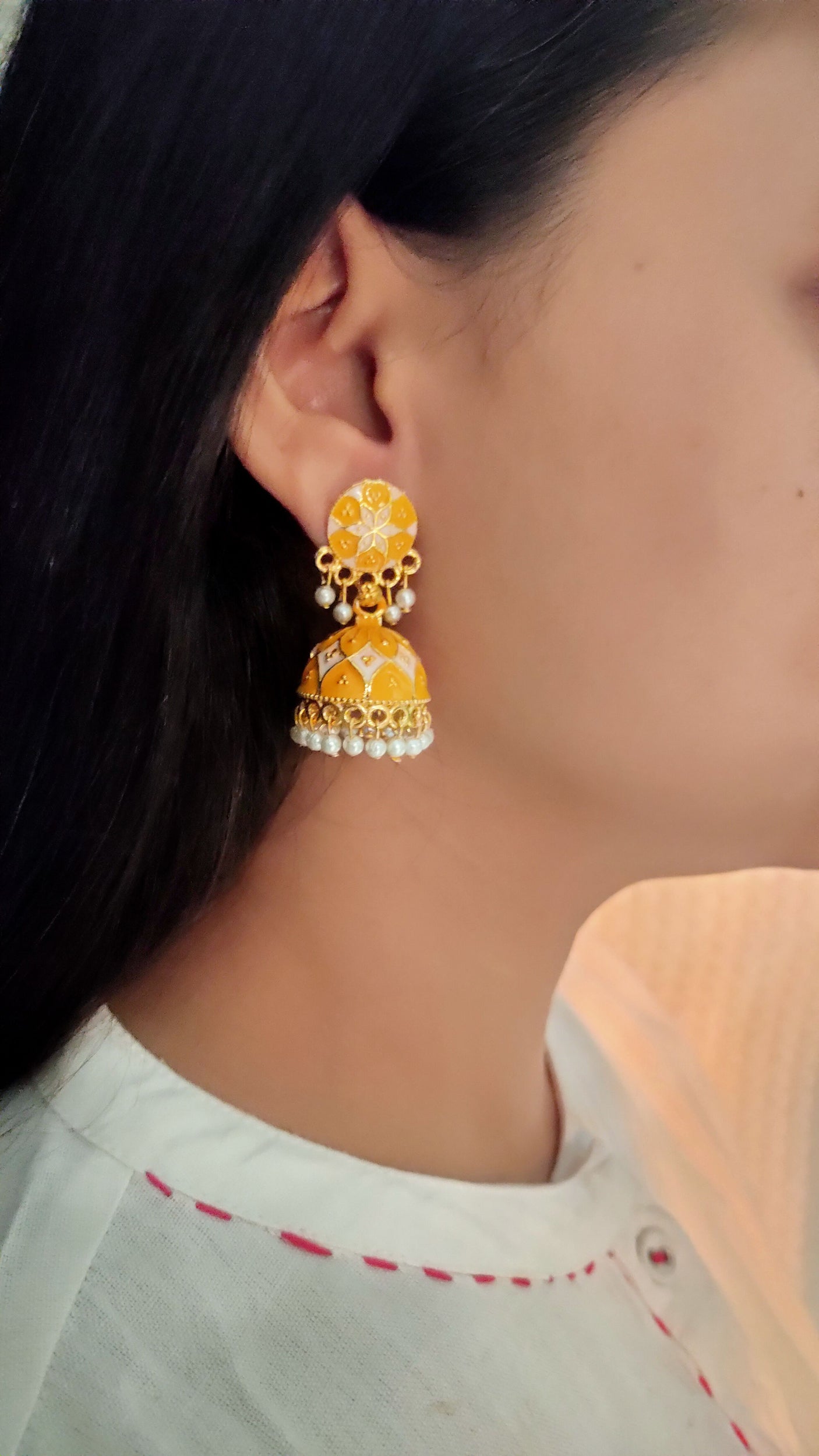 Yellow Handpainted Meenakari Jhumkas