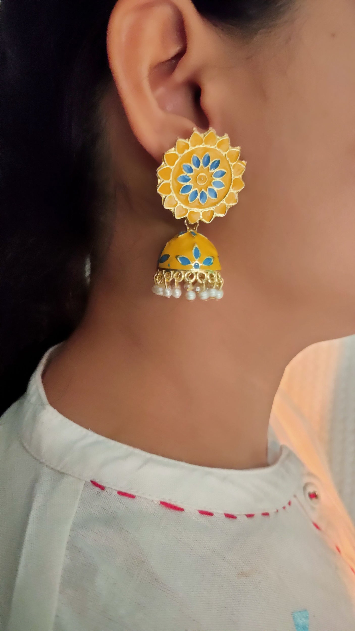 Yellow and Blue Handpainted Meenakari Jhumkas