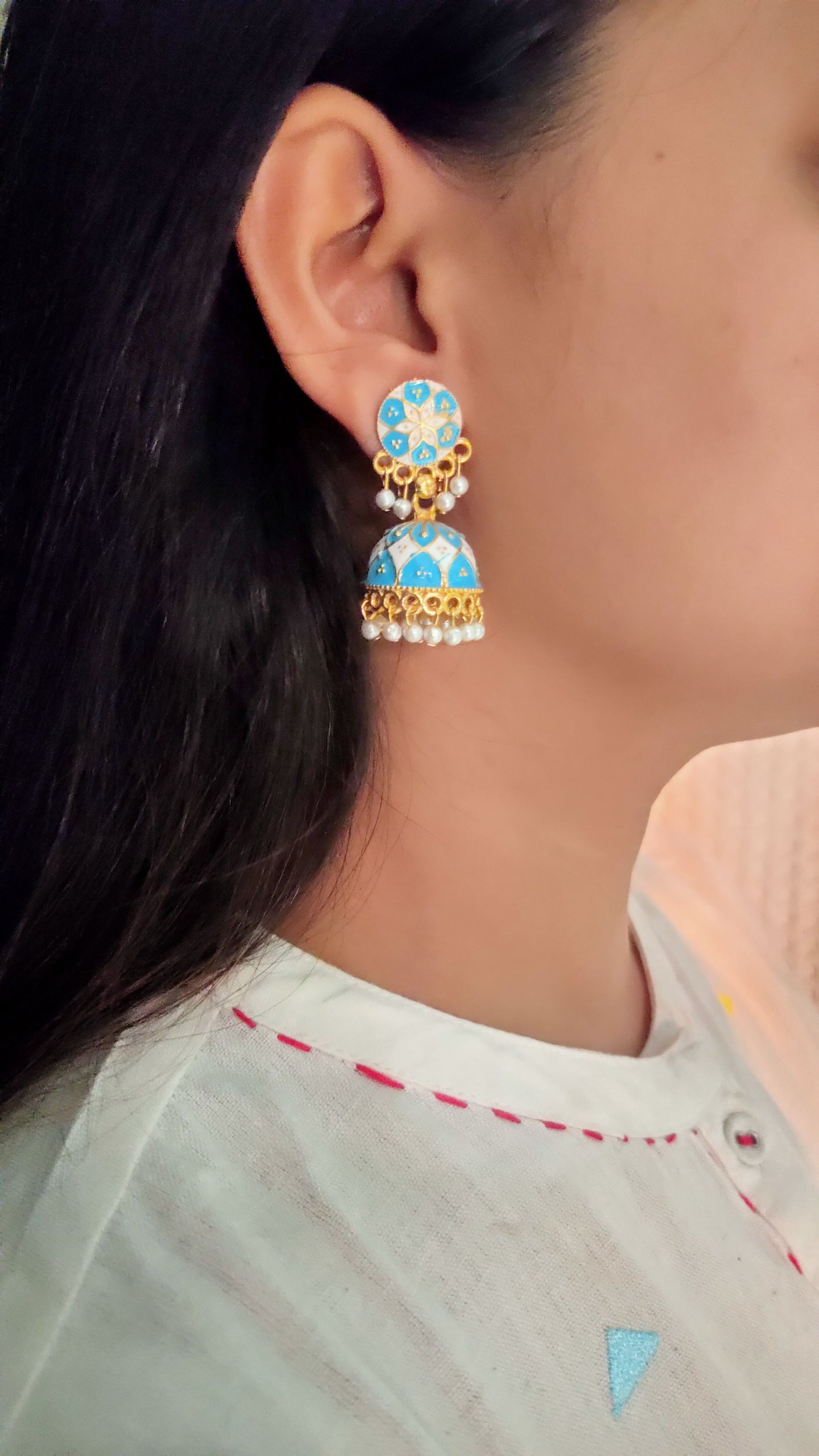 Sea Blue and White Handpainted Meenakari Jhumkas