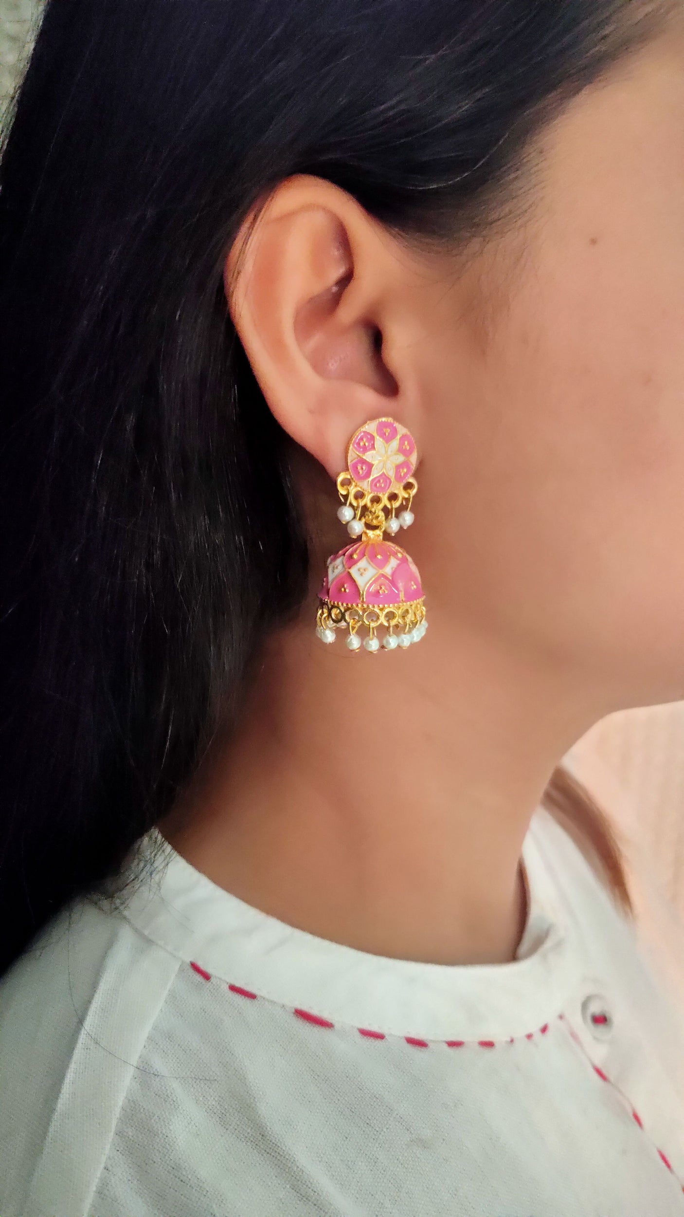 Pink and White Handpainted Meenakari Jhumkas