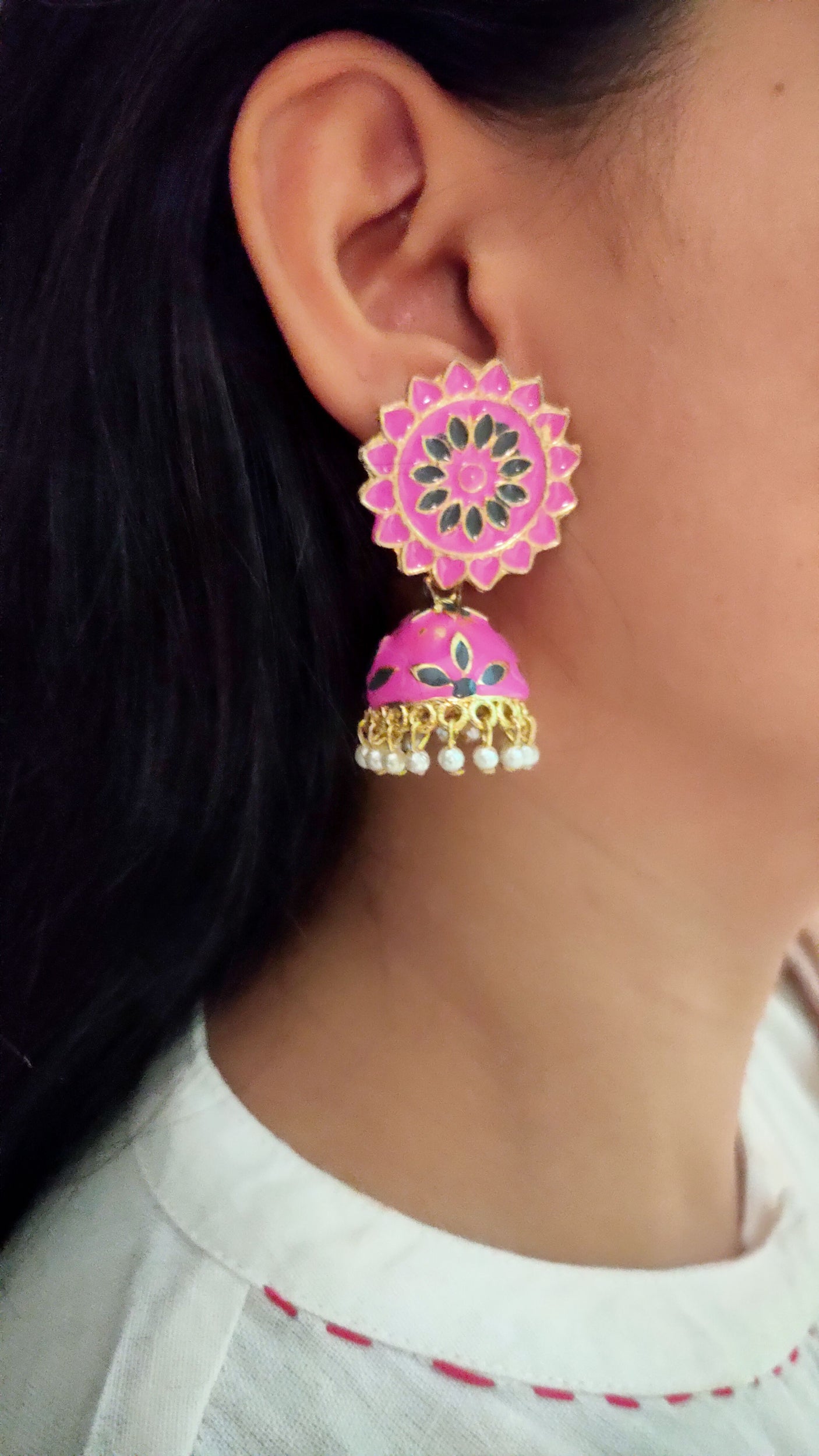 Pink and Green Handpainted Meenakari Jhumkas