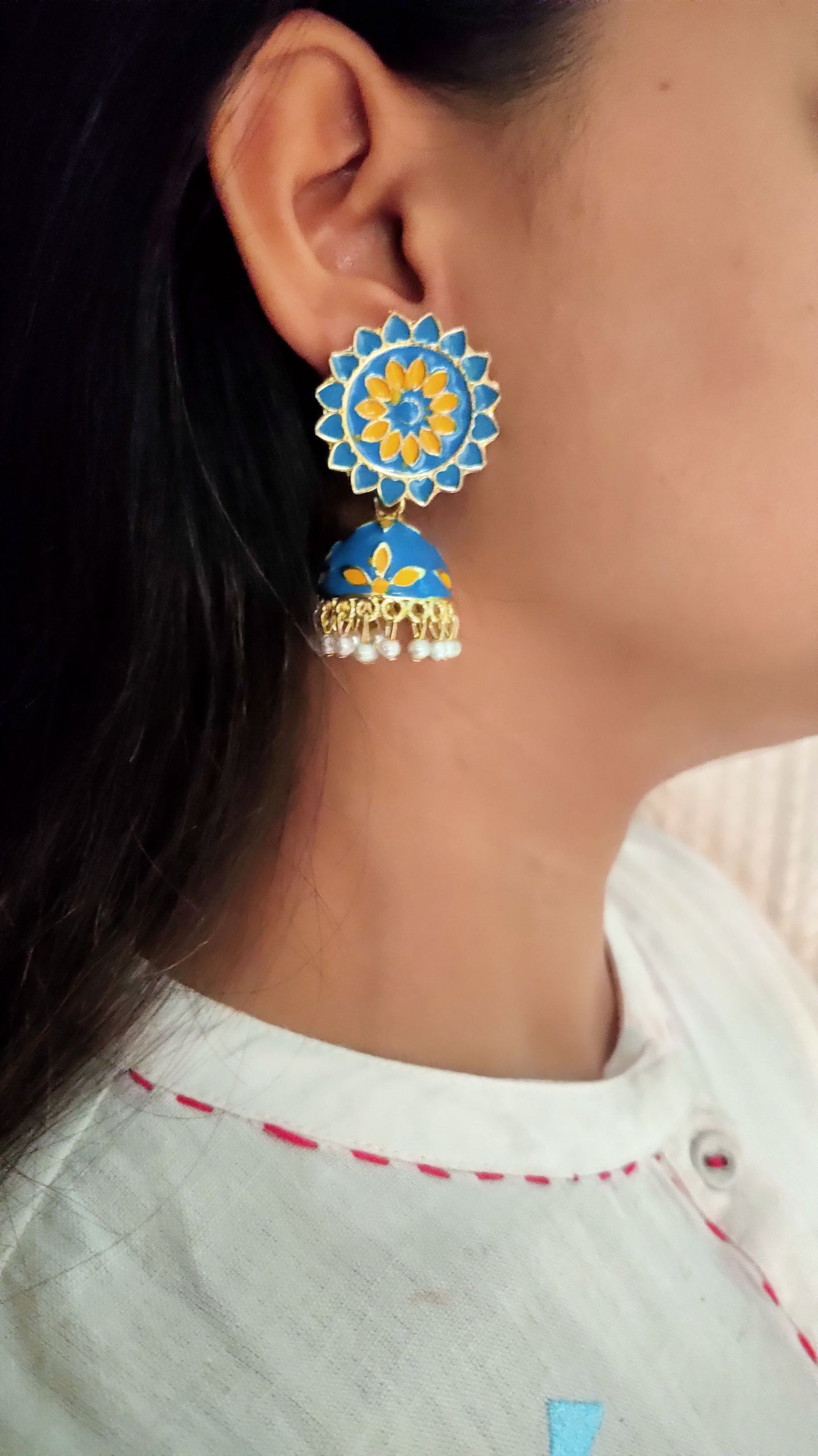 Yellow and Blue Handpainted Meenakari Jhumkas