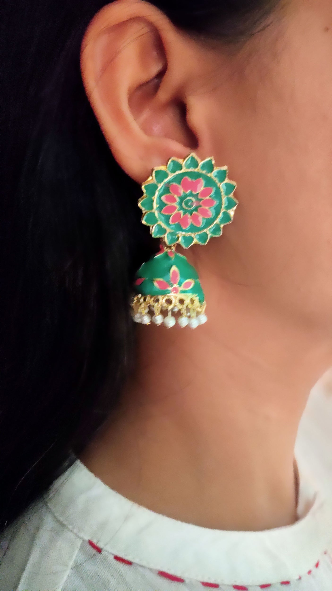 Green and Pink Handpainted Meenakari Jhumkas