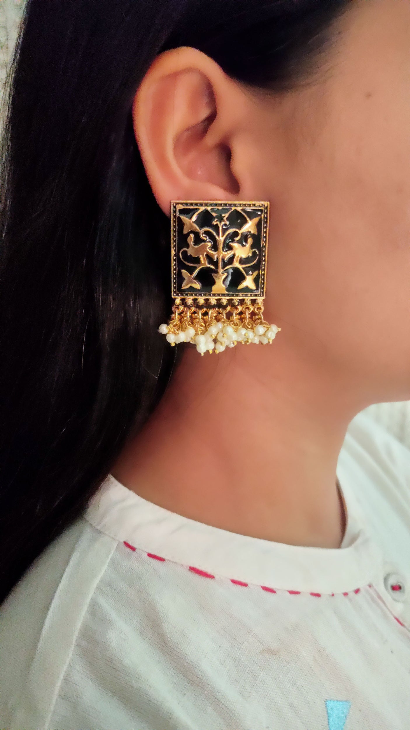 White Beads Black Enamel Paint Earrings