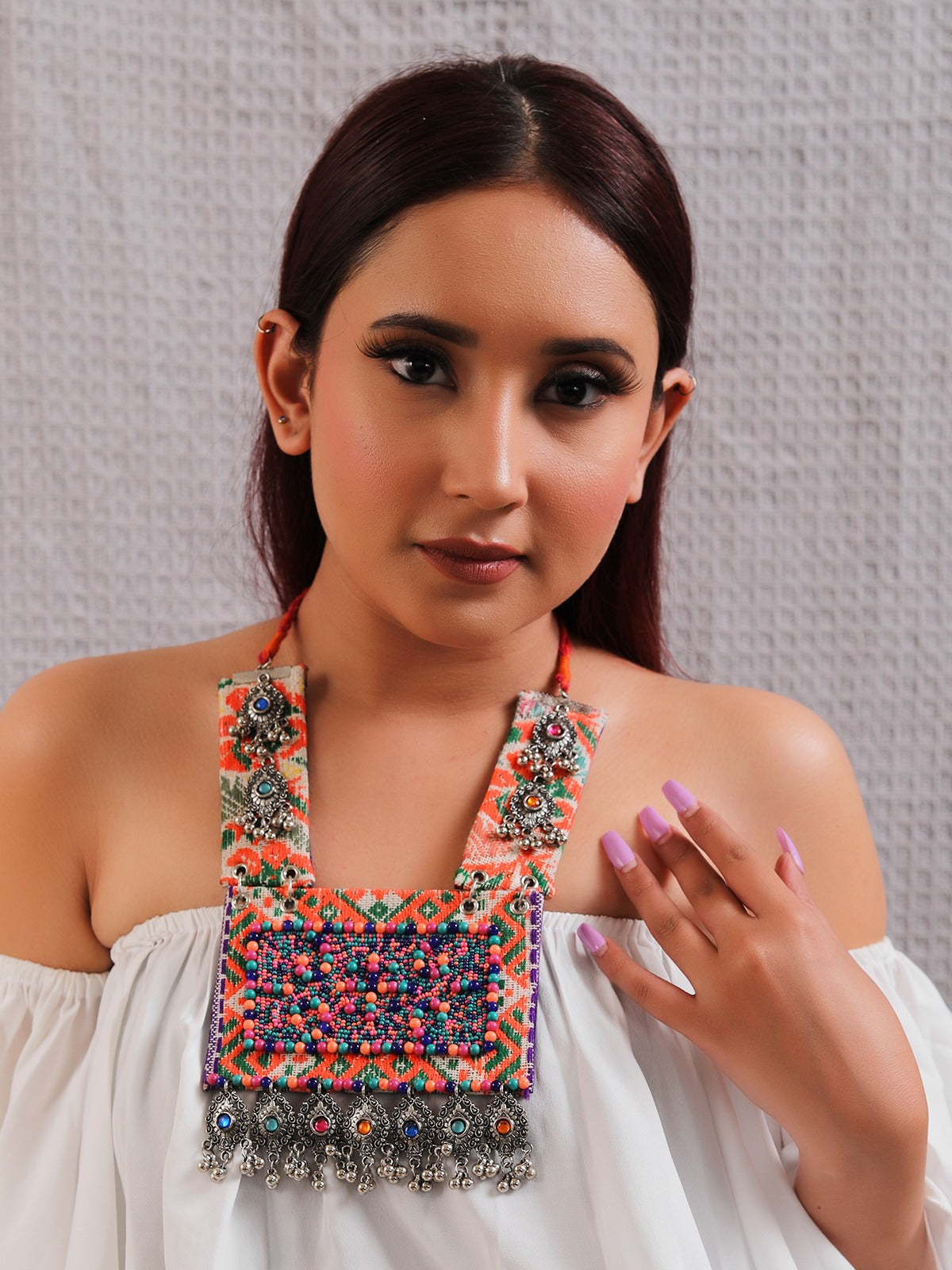 Multi-Color Beads, Stones and Metal Charms Embellished Statement Fabric Necklace