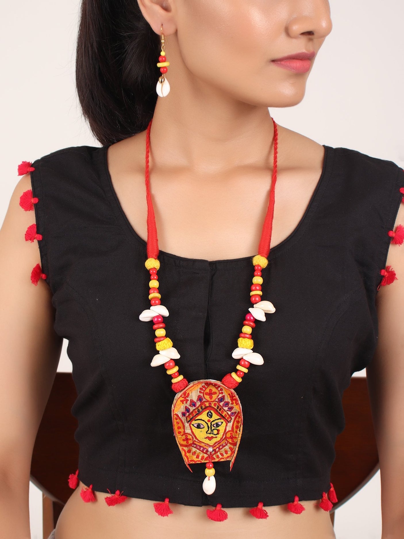 Ma Durga Design Red & Yellow Earrings & Necklace Set - A Local Tribe