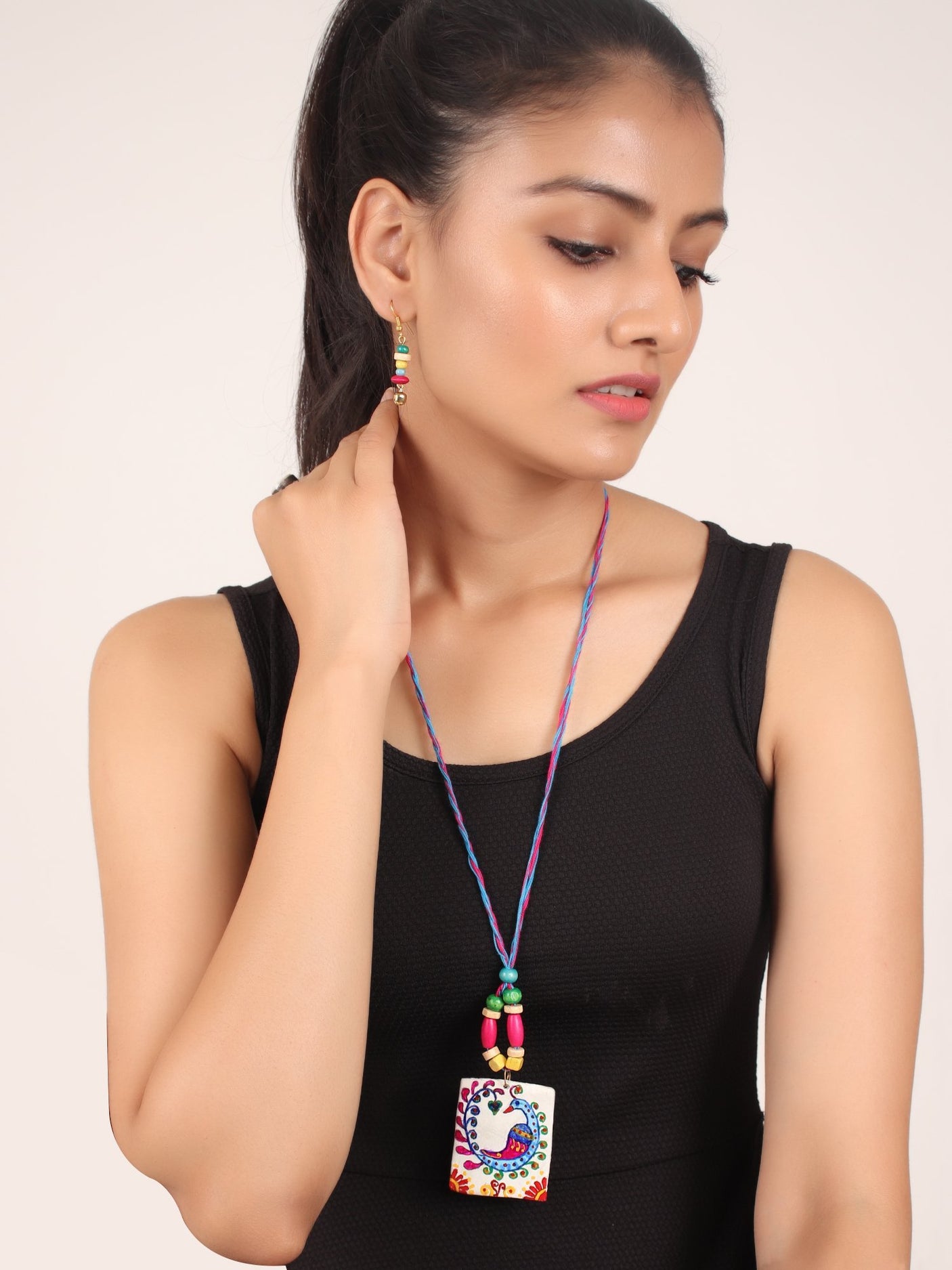 Peacock Design Multicoloured Earrings & Necklace Set - A Local Tribe