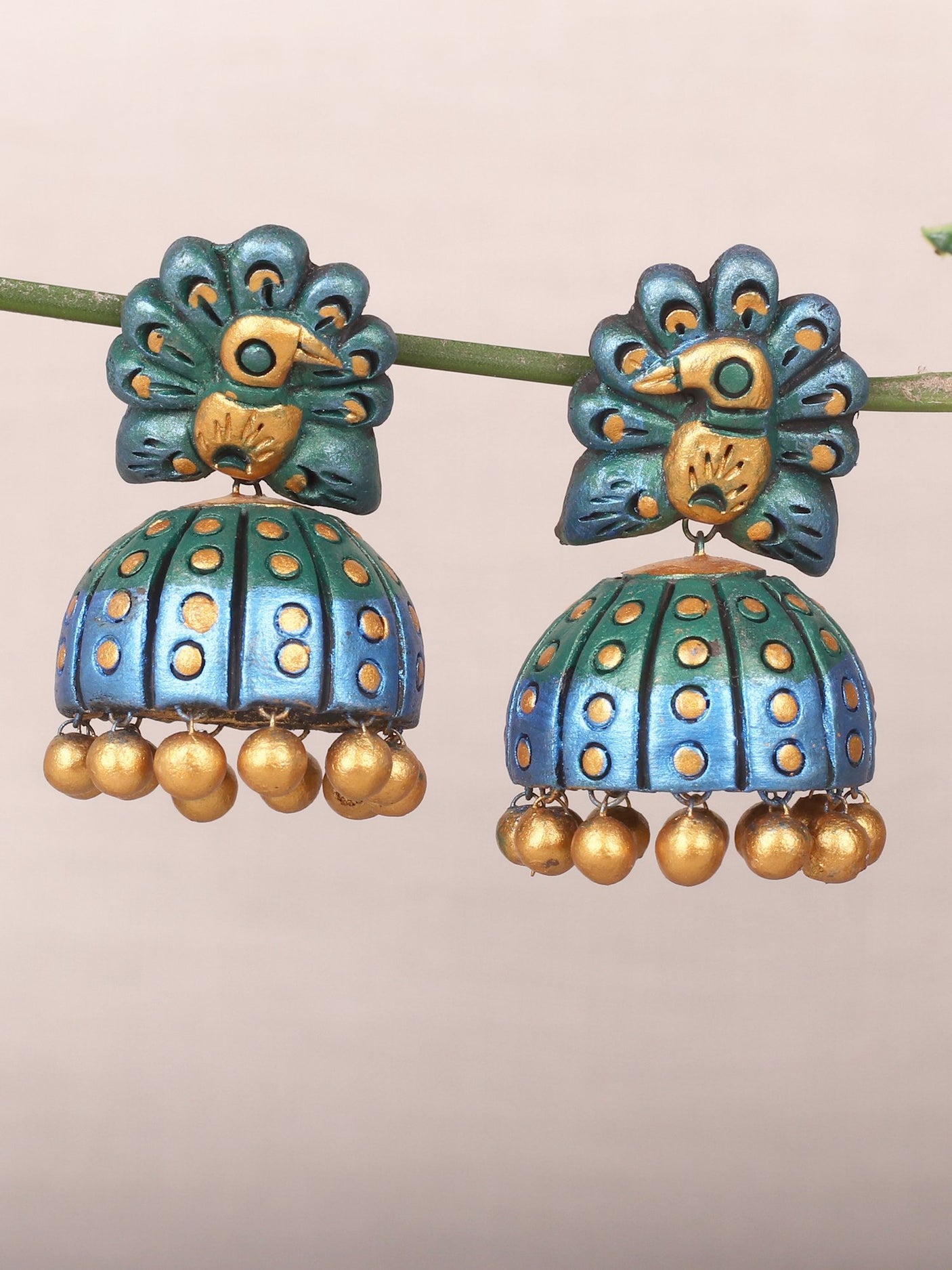Peacock Shaped Terracotta Clay Jhumki Earrings - A Local Tribe