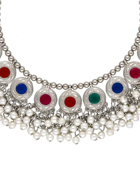 Stamped Coins Multi-Color Glass Embedded Adjustable Length Thread Closure Choker Necklace Set