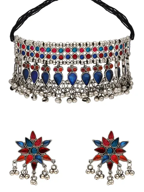 Multi-Color Glass Stones Embedded Adjustable Length Thread Closure Choker Necklace Set