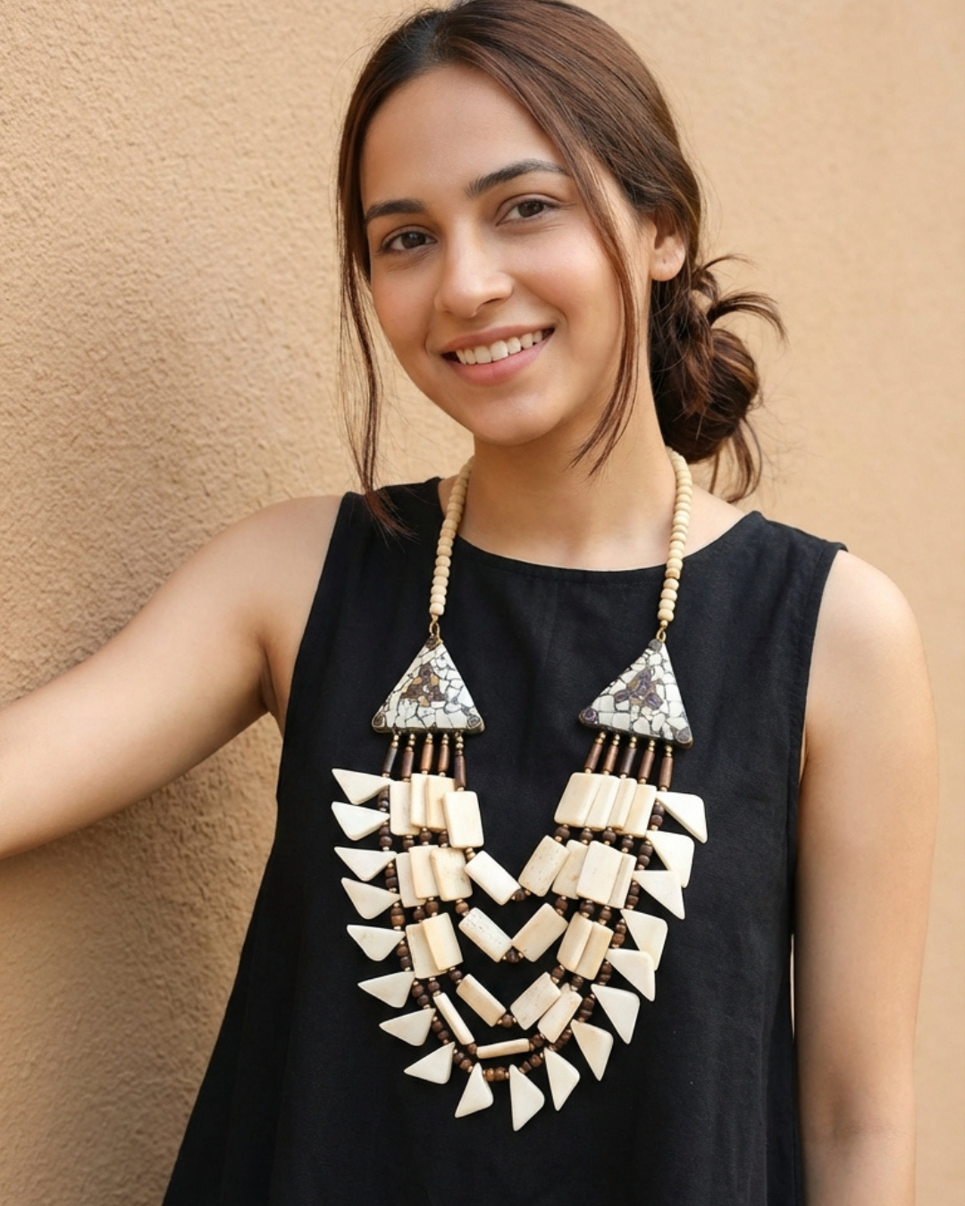 Off-White Bone Beads Handcrafted Multi-Layer African Tribal Necklace