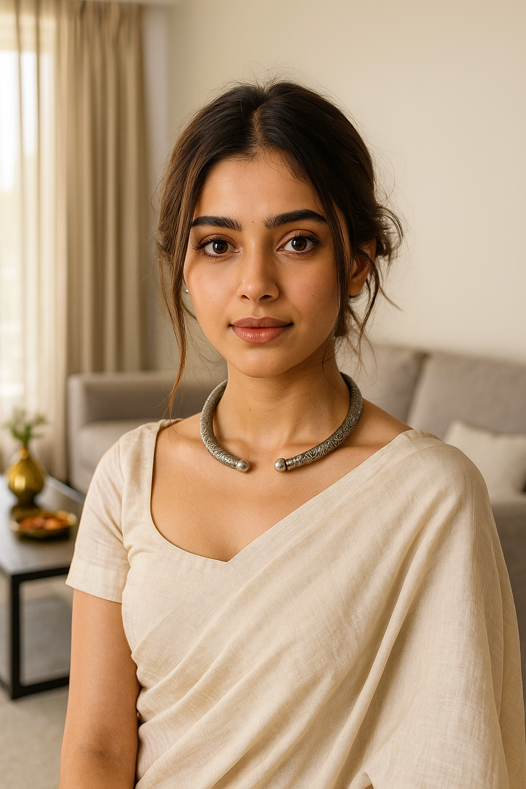 Oxidised Finish Metal Hasli Detailed with Engraved Flora and Fauna Motifs