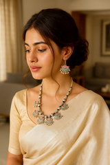 Turquoise and Red Enamel Painted Statement Oxidised Finish Necklace Set