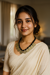 Stamped Metal Coins Braided in Black Fabric Threads Necklace
