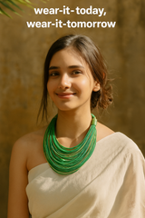 Green and Gold Handmade Silk Threads Multi-Layer Statement African Choker Necklace