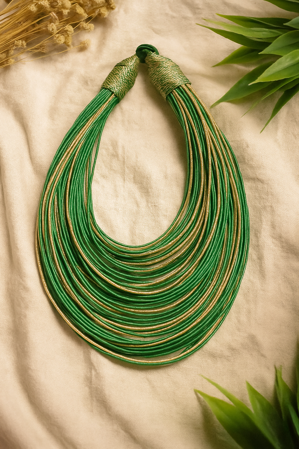 Green and Gold Handmade Silk Threads Multi-Layer Statement African Choker Necklace